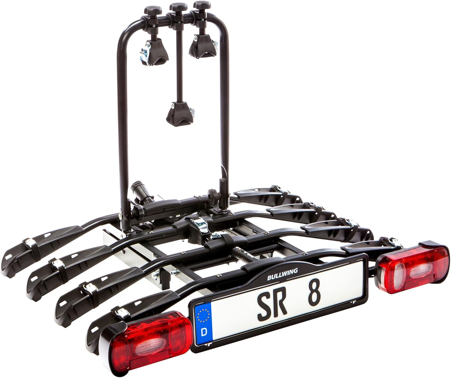 Bullwing SR8 Fahrradträger für 4 Fahrräder auf Auto Anhängerkupplung Heckträger Radträger abklappbar mit Schnellverschluss und Diebstahlschutz mit Wandhalterung und Rahmenhalter