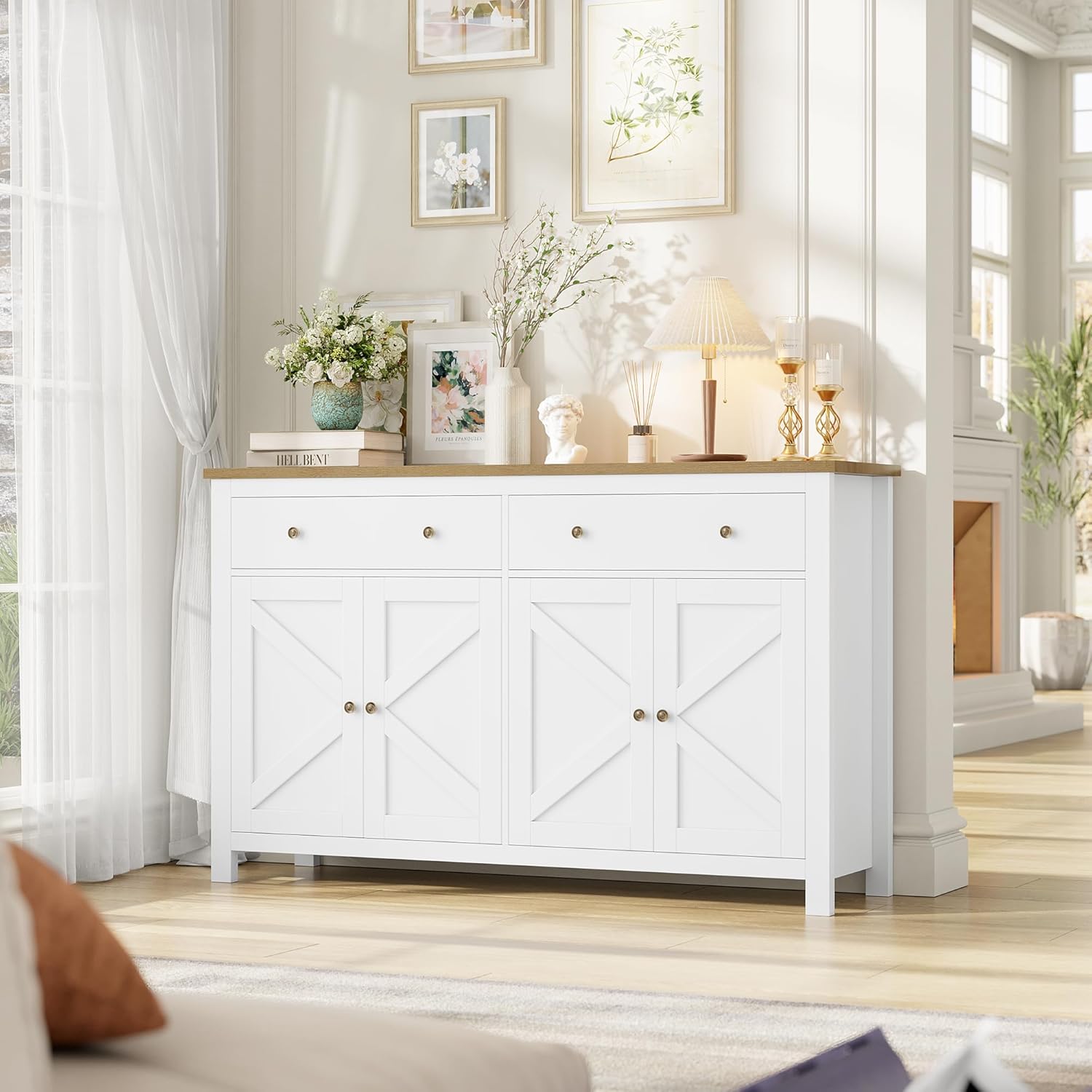 FirFurd Sideboard 140cm Breit Küchenschrank mit Arbeitsplatte Buffetschrank mit 2 Schubladen 4 Türen Küchenbuffet mit verstellbaren Ablagen für Wohnzimmer Küche Esszimmer 140x40x89 cm weiß