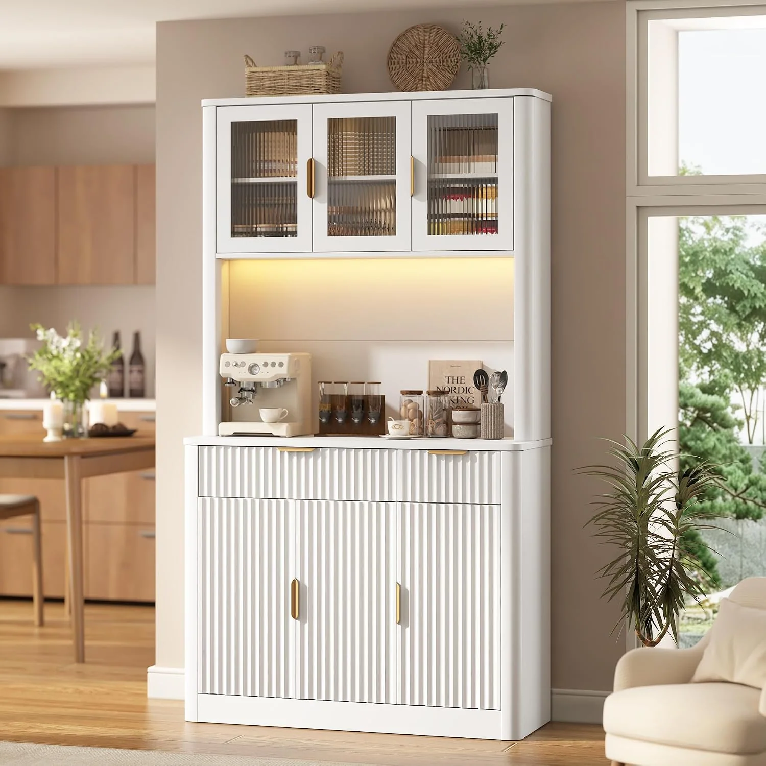 LUXOAK Buffetschrank 180 cm, Küchenbuffet mit RGB-LED & Steckdose, Weiß