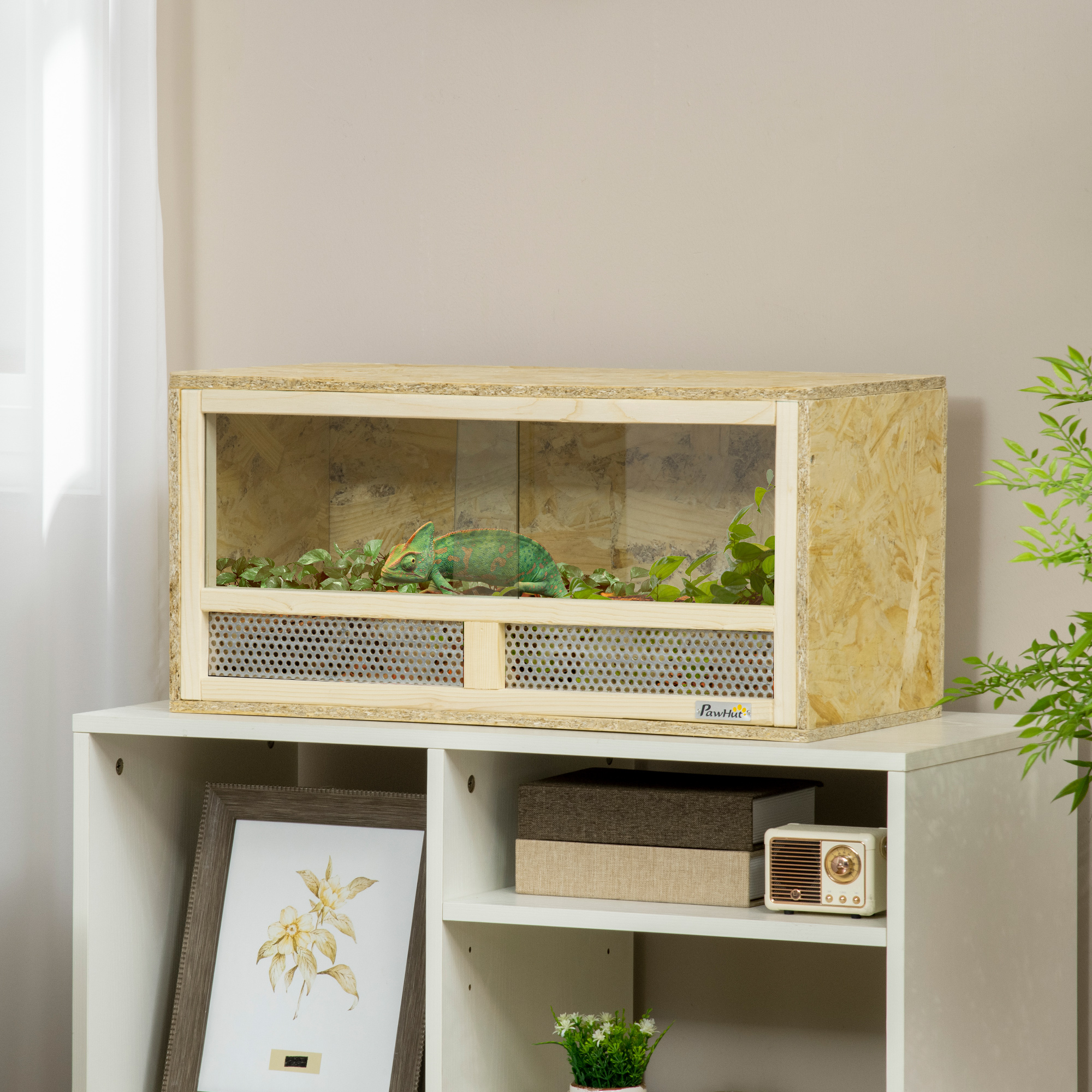 PawHut Terrarium für Reptilien aus Holz mit Schiebetüren aus gehärtetem Glas und Netzpaneel, 60x29,5x29,5cm