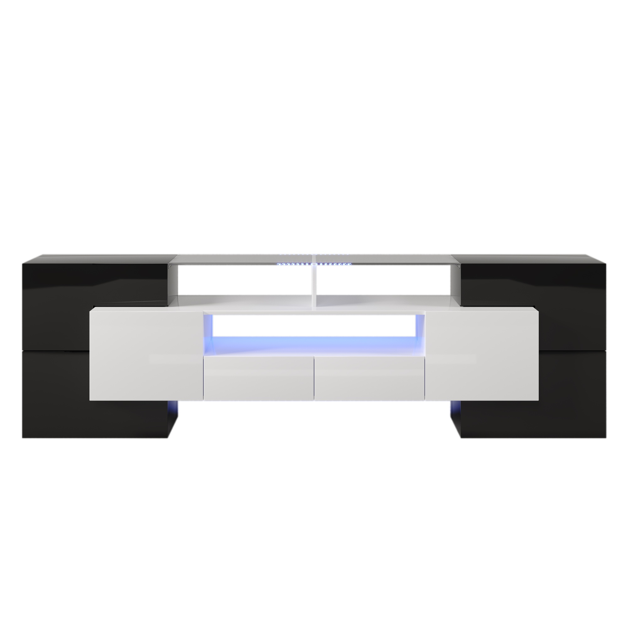 Moderner TV-Schrank Hochglanz mit LED-Beleuchtung und Glasoberfläche, Schwarz und Weiß
