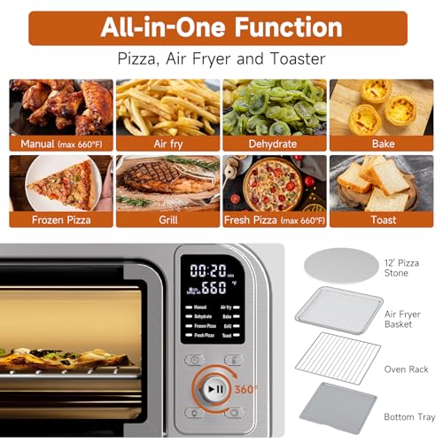 Kitchen Elite Air Fryer Toaster Oven Combo, 8 IN 1 Stainless Steel Airfryer, Digital Convection Oven Countertop, 660°F Pizza Oven for 12' Pizza / 9 Slices, Flip Up & Away Capability for Space saving: Home & Kitchen