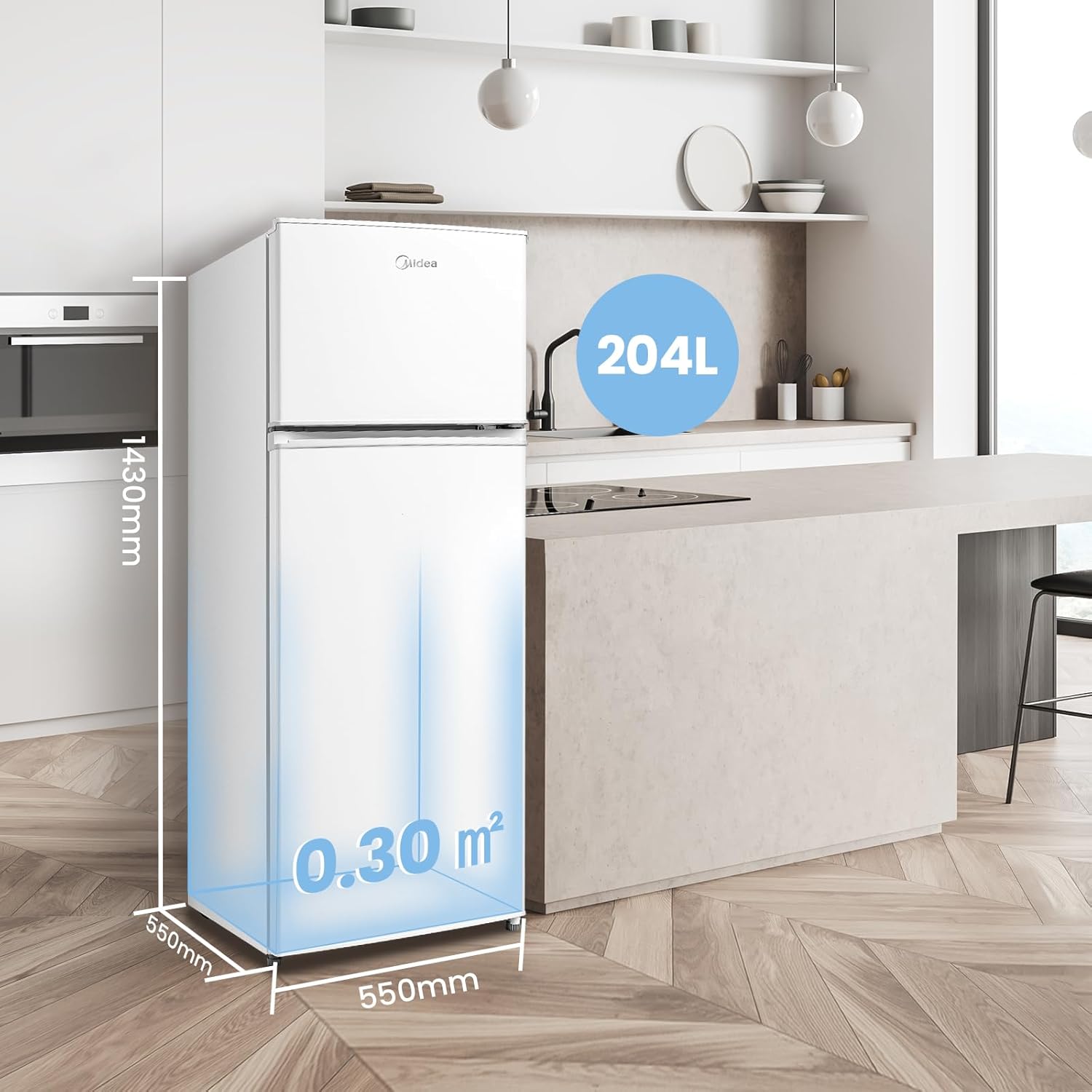 Midea MERT210FGE01 Frigo-congelatori doppia porta 204 L, Congelatore da Montare in Alto, 176kWh/annum, controllo a temperatura regolabile, Luce LED, Bianco