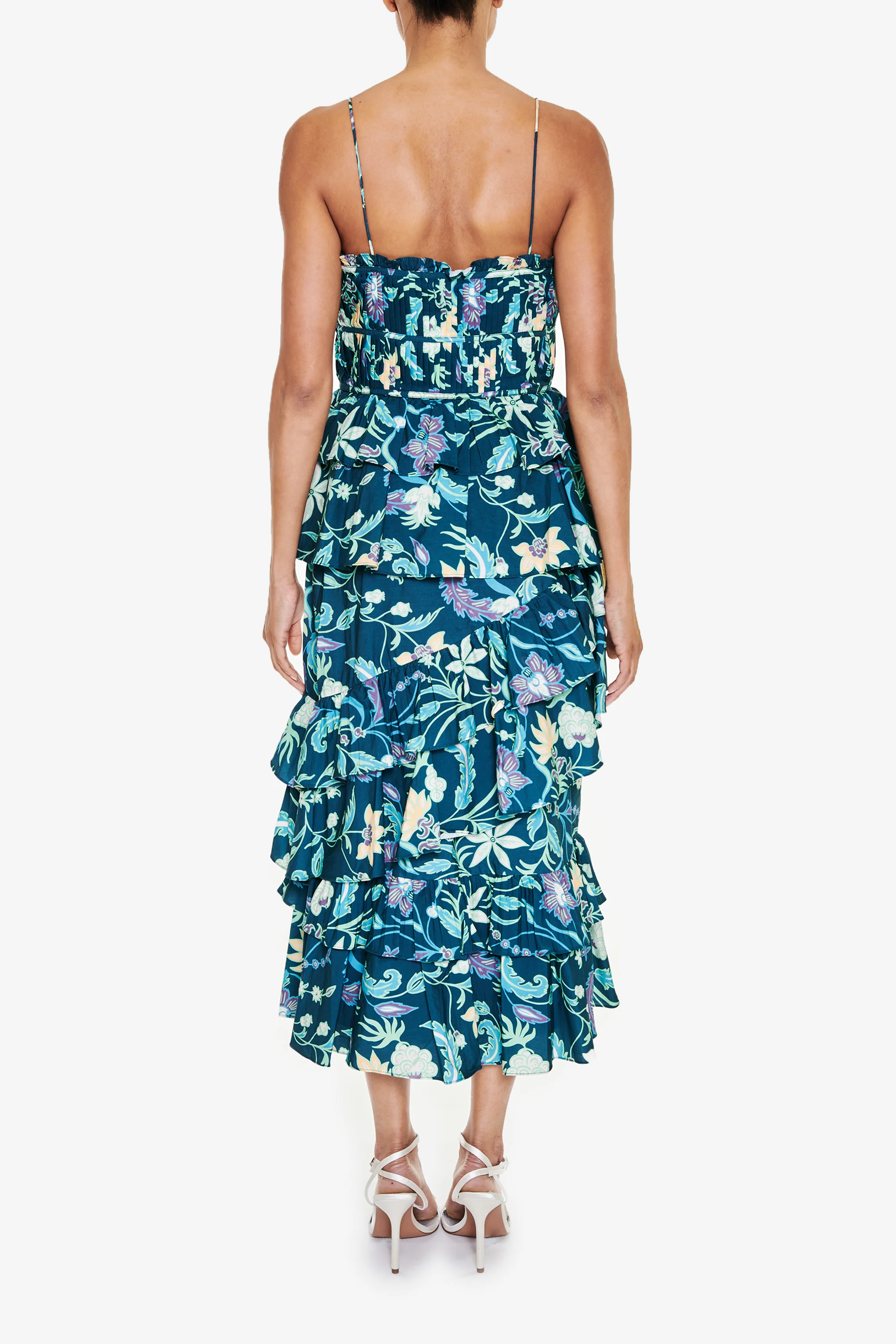 Petrol Blue Folk Floral Midi Dress