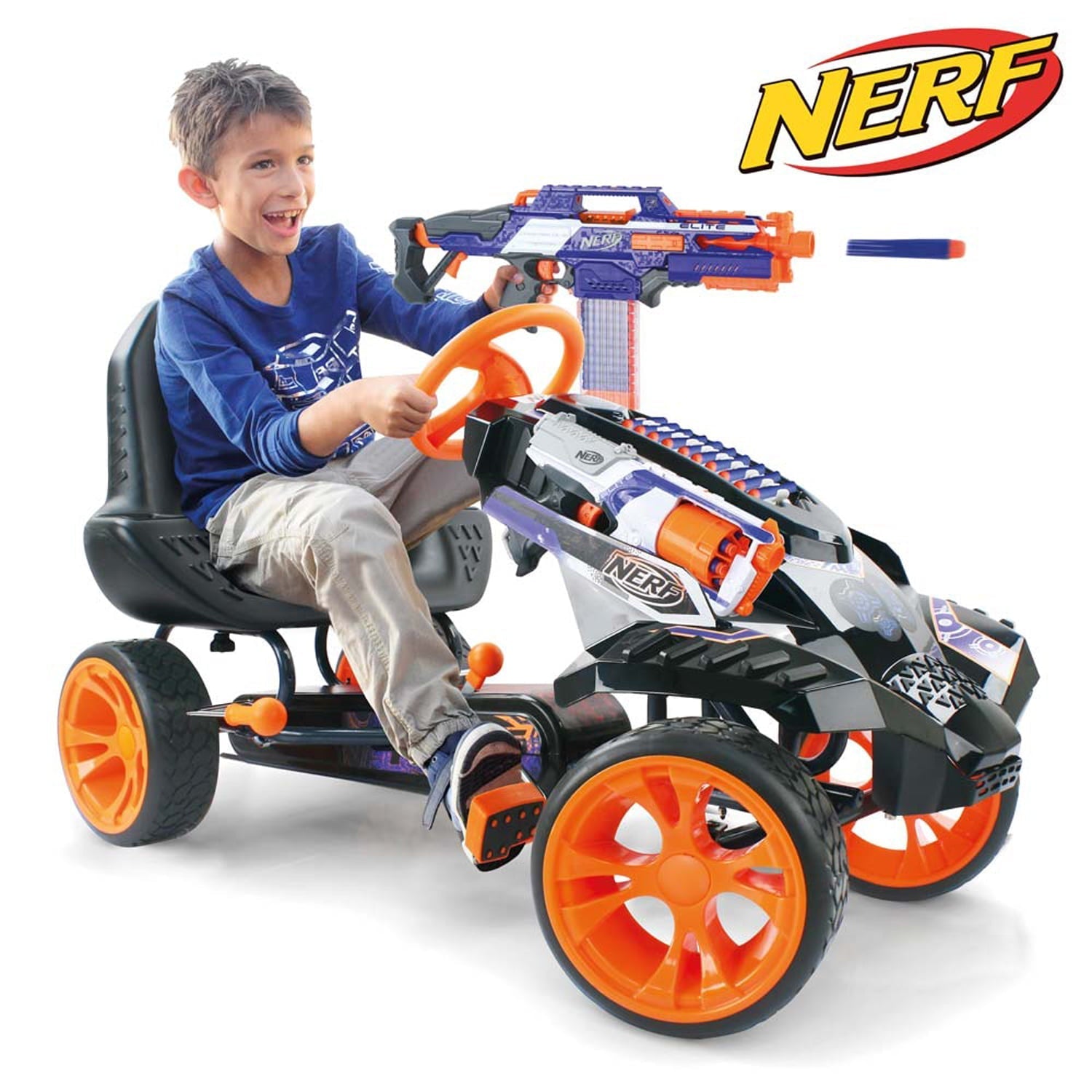 NERF Battle Racer Kids Pedal Go Kart with NERF Blaster Holders, Adjustable Seat, Handbrake, Multi color