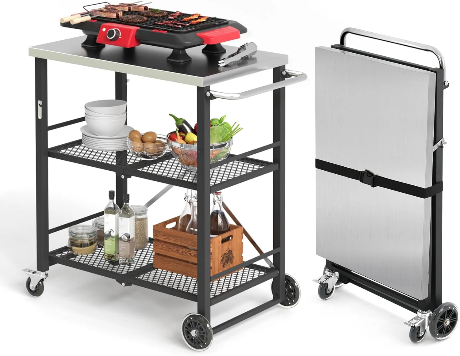 Foldable Outdoor Grill Cart with Total Lock Casters   Stainless Steel Pizza Oven Stand
