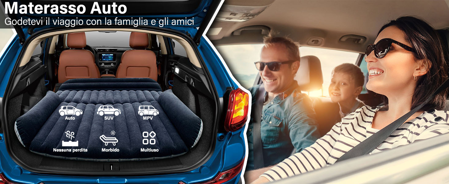 Accessorio per materasso per auto mostrato nel vano di carico del SUV con diagramma delle caratteristiche di comfort, accanto all'immagine della famiglia che si gode il viaggio in auto