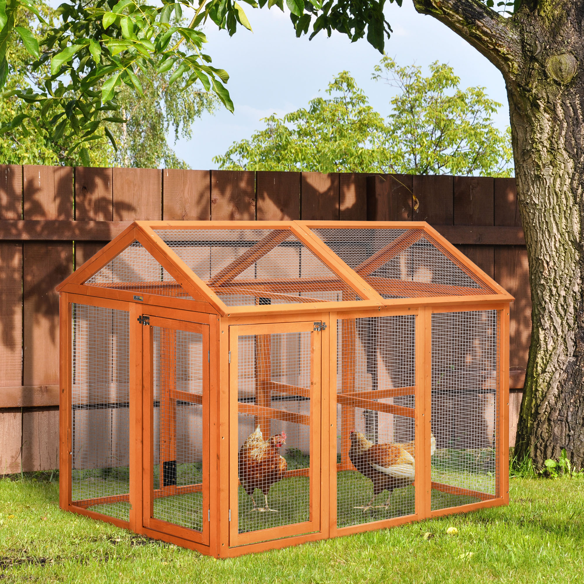 PawHut Hühnergehege aus Holz, Käfig für Hühner, Metallgehege 140 x 88,5 x 106 cm Orange