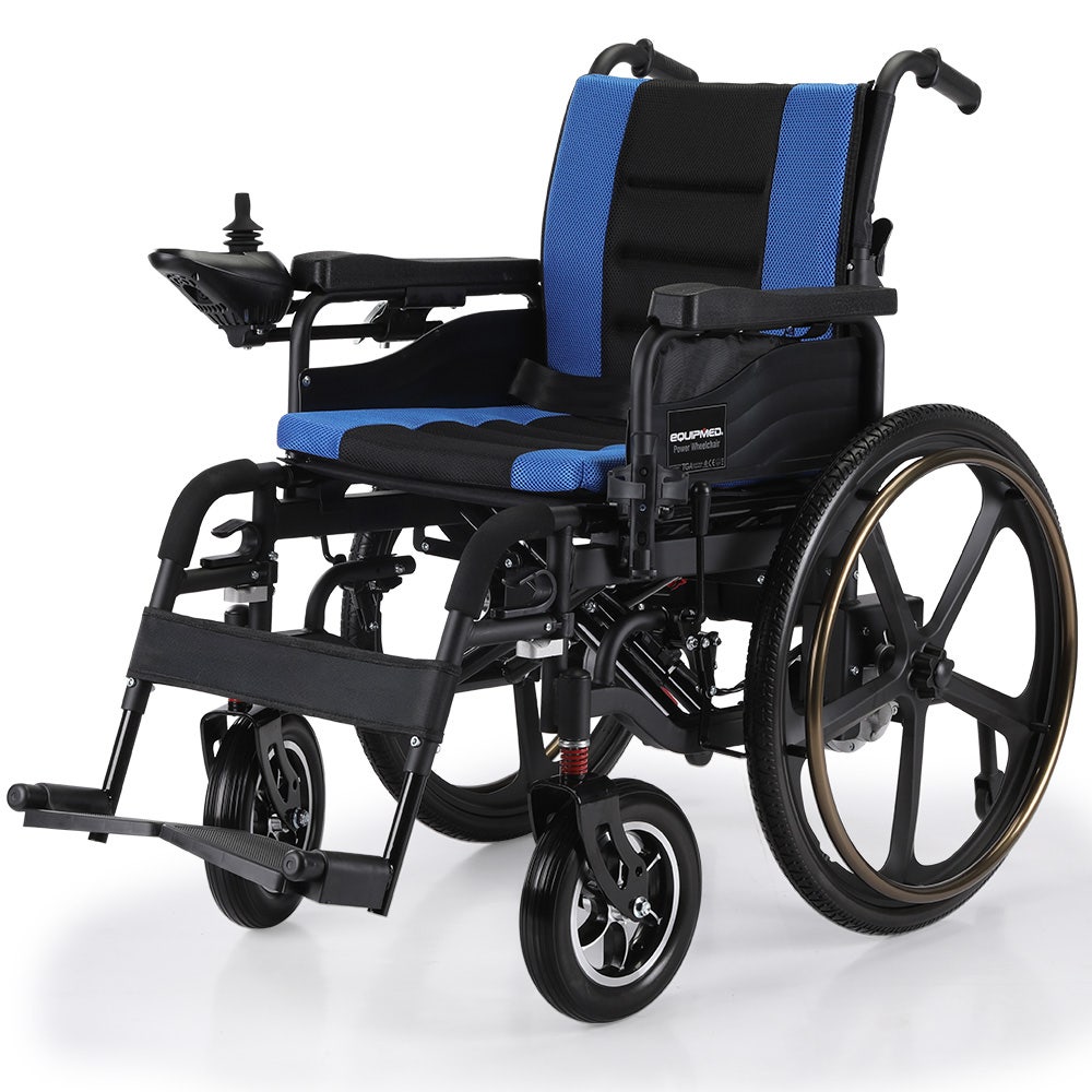 EQUIPMED Electric Wheelchair Folding, Long Range, Airline Approved, Lithium Battery, 24" Light Rear Wheels, Matte Black/Blue