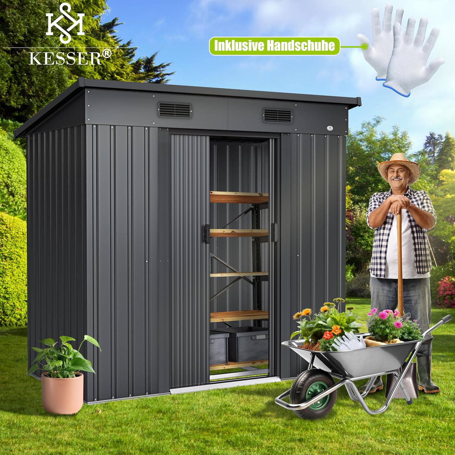 KESSER® - Gerätehaus L Metall 4 m³ mit Fundament | 210x132x186 cm | 2X Schiebetür & Fundament | Geräteschuppen | Gartenhaus Schrank | Pultdach Garten Schuppen, Ink. Arbeitshandschuhe, Anthrazit