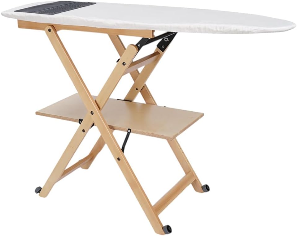 Asse da stiro in legno di faggio richiudibile con ruote e ripiano porta biancheria – modello Revi Made in italy (Naturale)