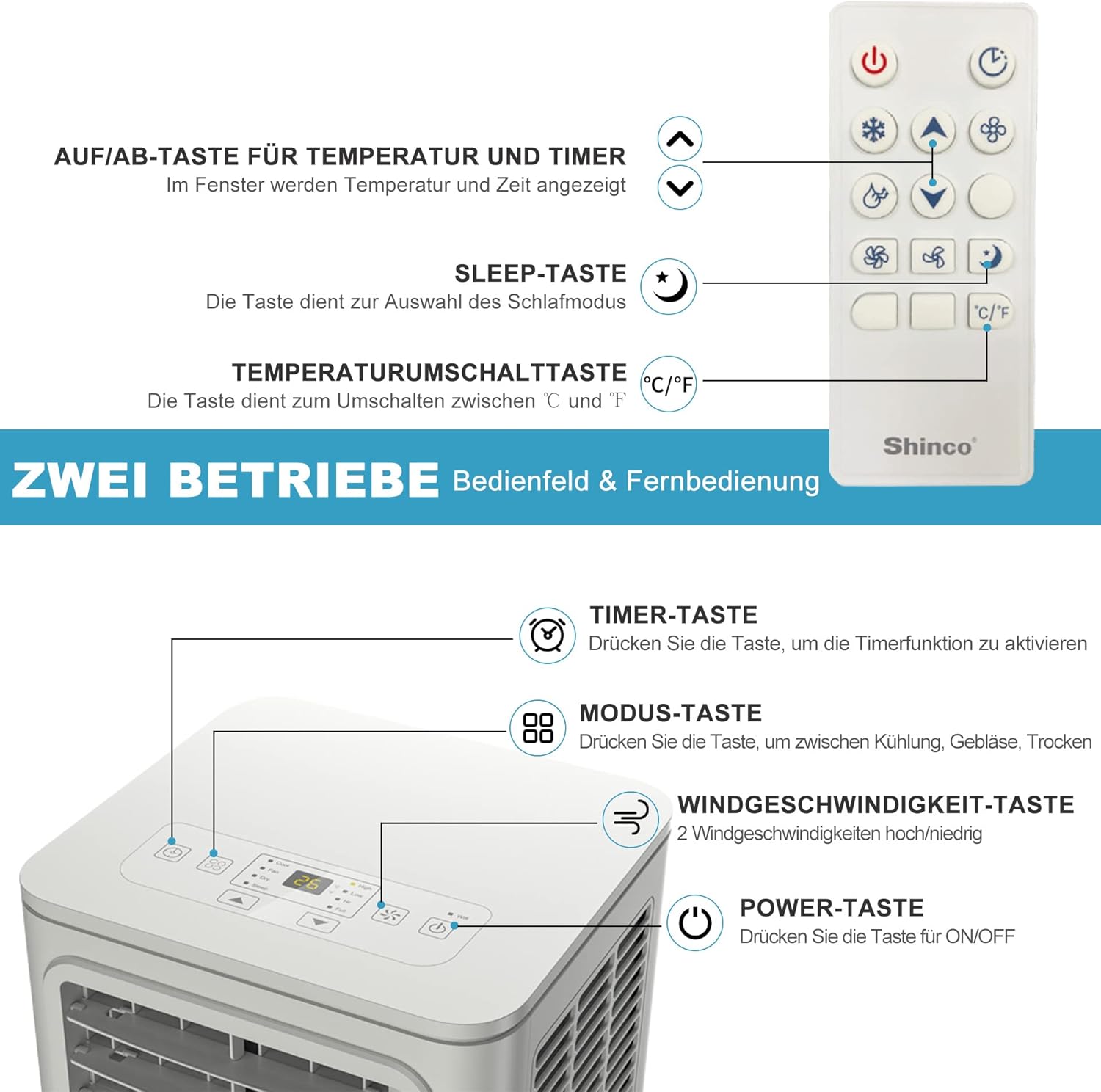 SHINCO Mobile Klimaanlage mit Abluftschlauch, 9000BTU, 2,6 kW, Kühlen&Ventilieren&Entfeuchten, Mobiles Klimagert mit Schlafmodus, Raumgre bis 22㎡, 24-Stunden-Timer