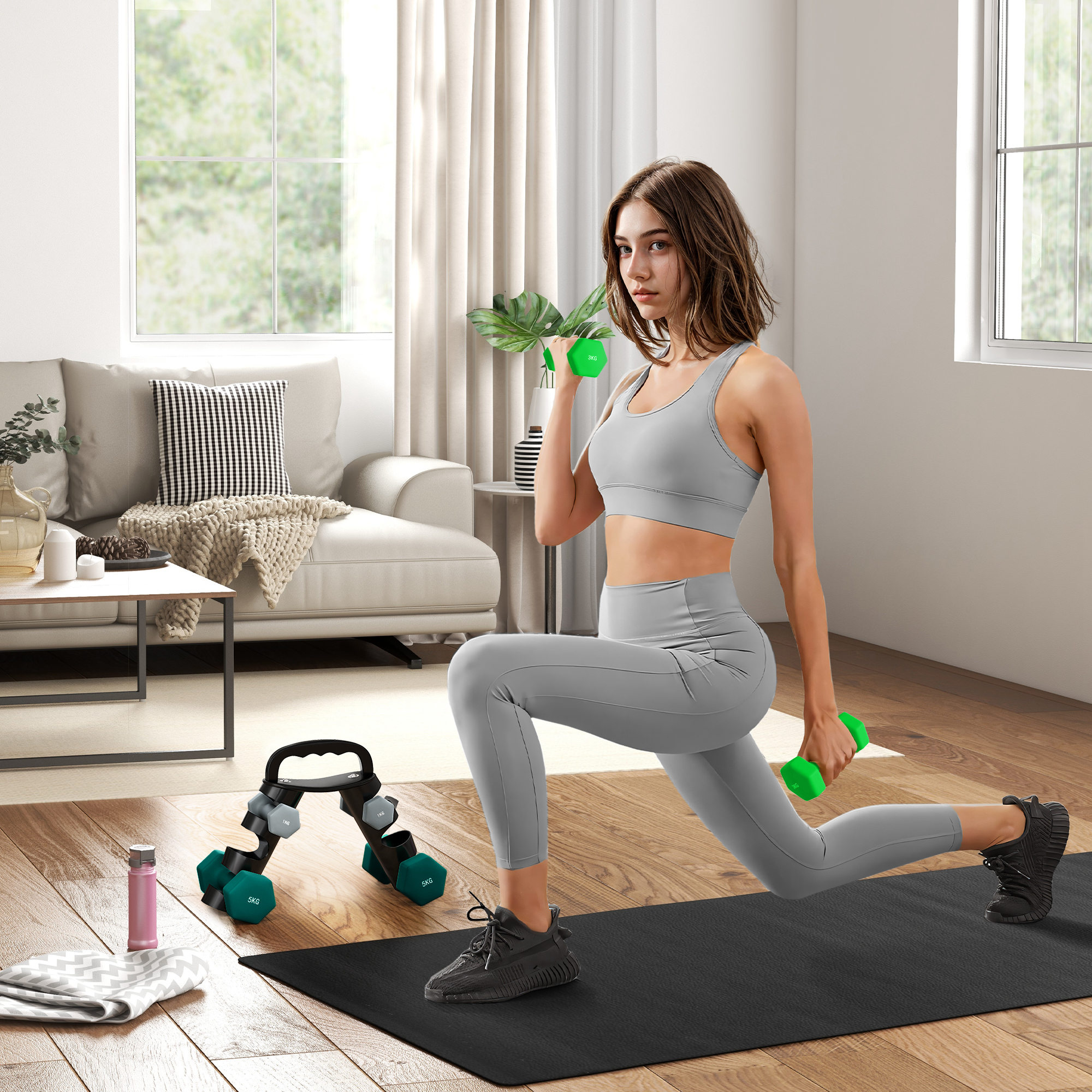 SPORTNOW Hantelset mit Aufbewahrungsgestell, Set mit 6 Hanteln für Fitness-Training, 2 x 1kg, 2 x 3kg, 2 x 5kg