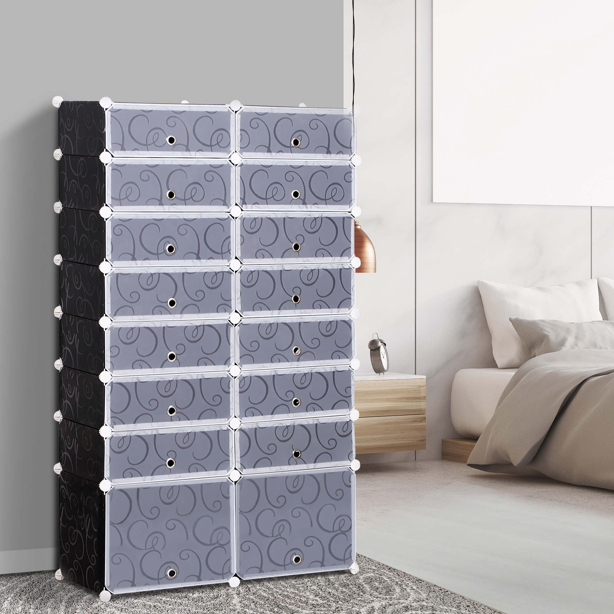 HOMCOM Schuhboxen 16er Set Schuhkarton stapelbar Schuhorganizer Schuhaufbewahrung Aufbewahrungsboxen Regalsystem mit Tür, Schwarz + Weiß