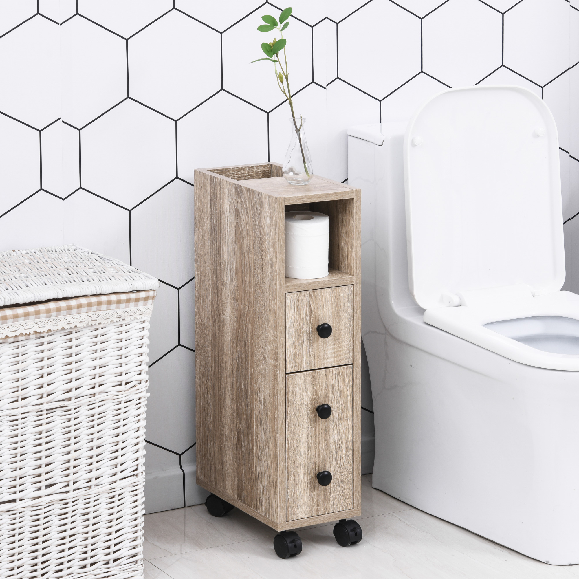 kleankin Toilettenpapierhalter - Toilettenpapierhalter - Toilettenpapieraufbewahrung - 3 Ebenen + Papierauslass Spanplatten in heller Eiche