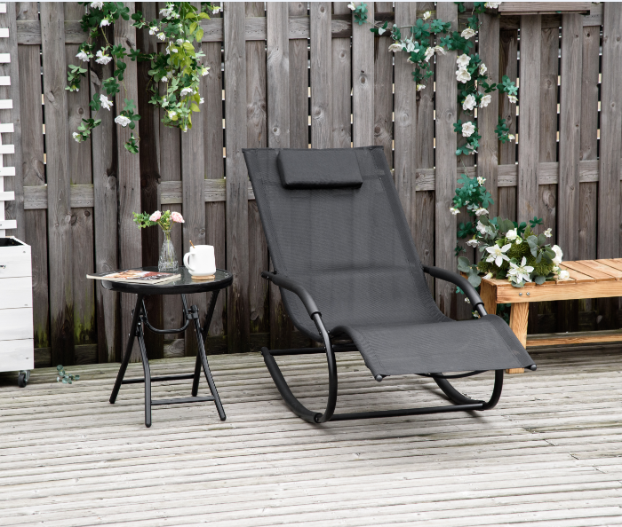 Outsunny Schaukelliegestuhl Ergonomischer Rocking Chair mit Kopfstütze und galvanisiertem Metallrahmen Textilene 63l x 160B x 88H cm Schwarz