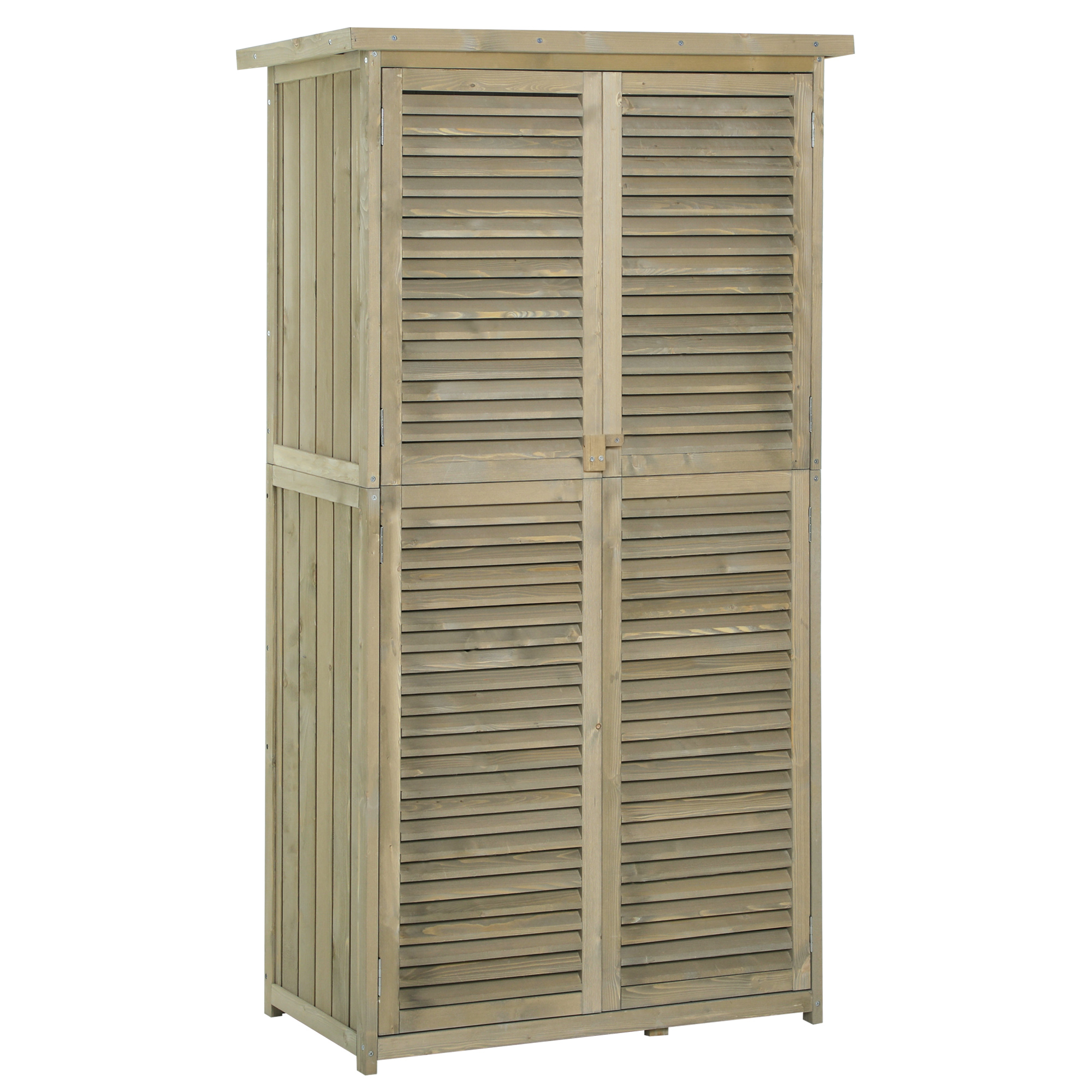Outsunny Gartenschrank Holz Geräteschuppen Gerätehaus mit Asphaltdach Lamellentür Geräteschrank Schuppen Garten 4 Fächer Grau 87 x 46,5 x 160 cm