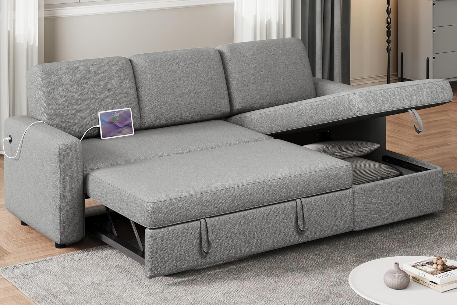 L Shaped Sectional Sofa Sleeper with Pull Out Bed Storage Chaise and USB