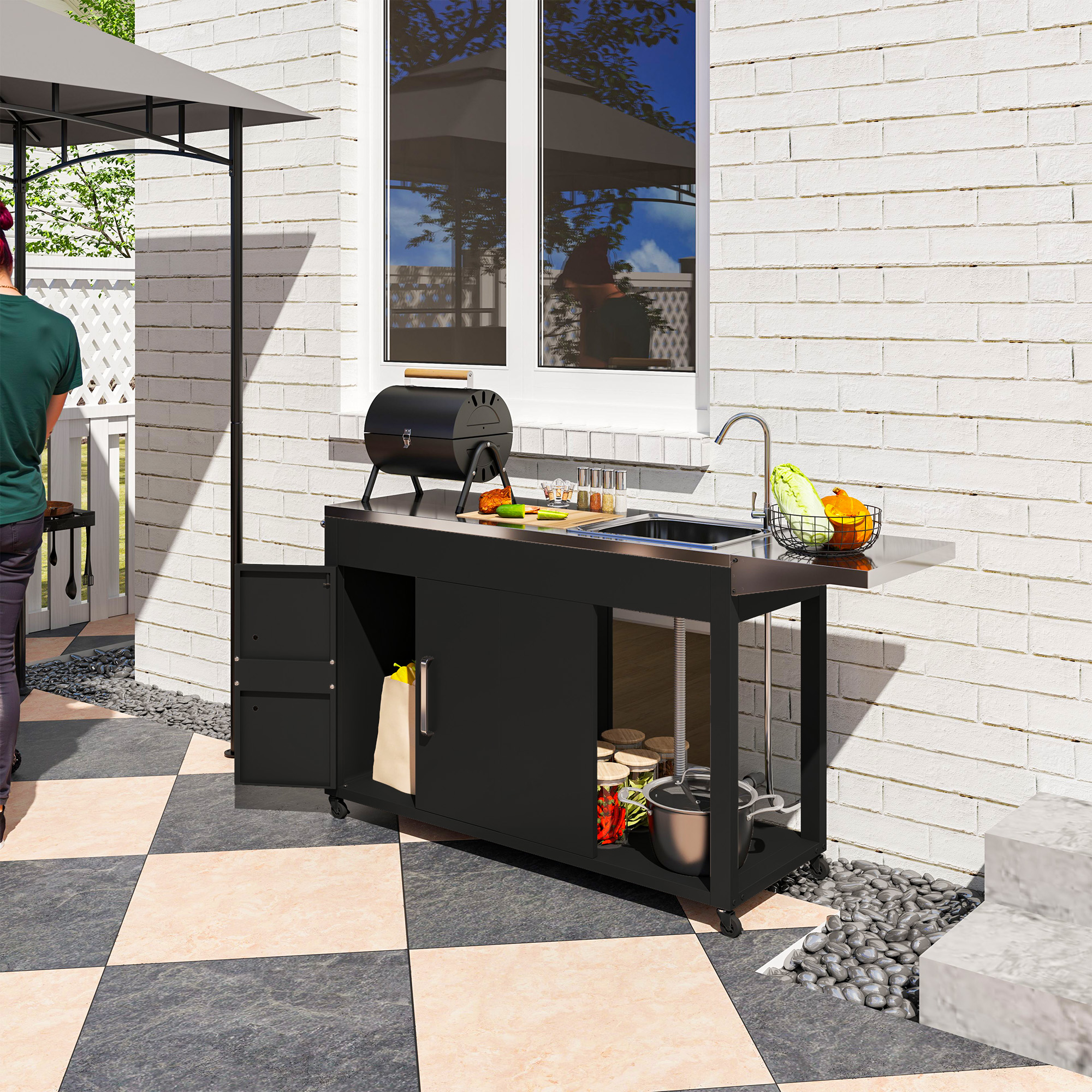 Outsunny Grillwagen Serveerwagen met Werkblad, Uitklapbare Zijplank, Kast, Spoelbak, Wielen, Roestvrij Staal 162,5x47x87cm Zwart