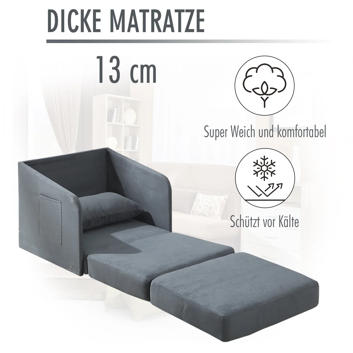 HOMCOM Schlafsessel mit Schlaffunktion und 2 Seitentaschen Wildlederimitat