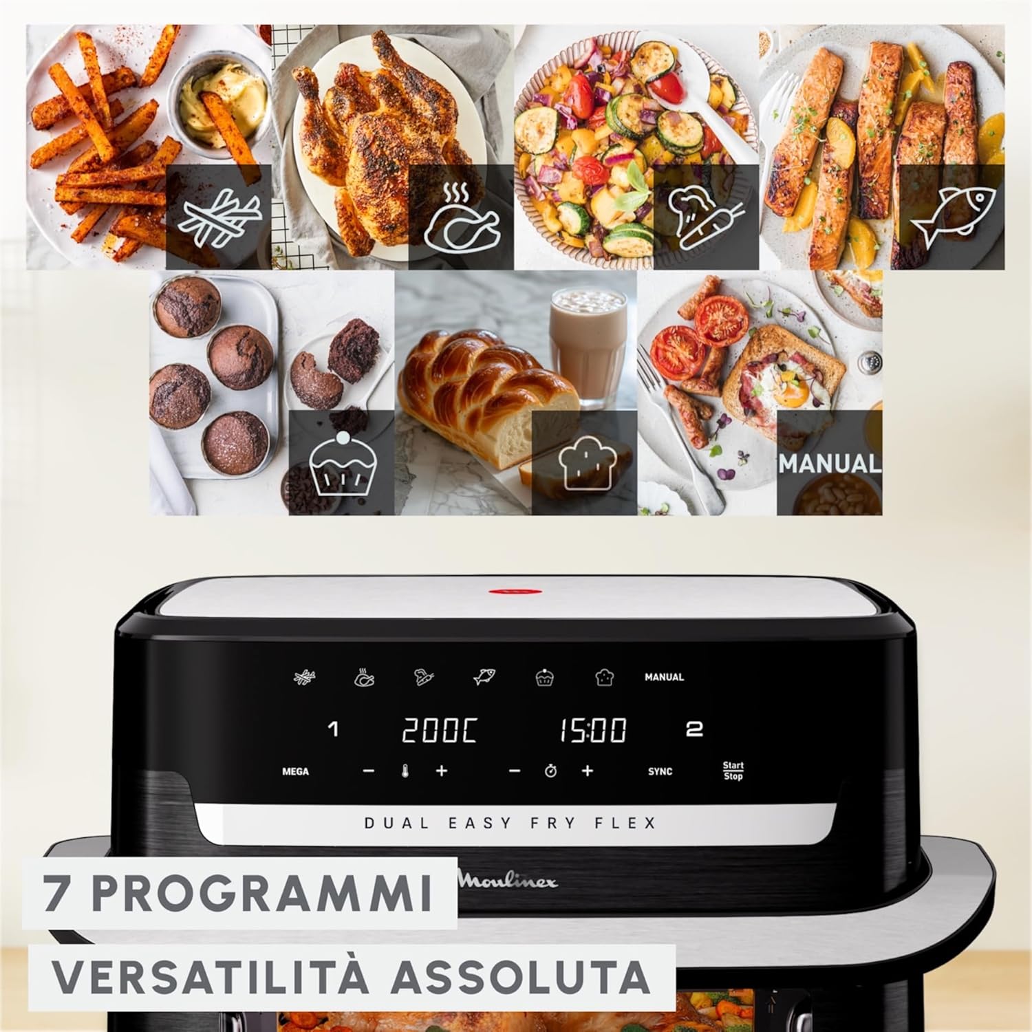 Moulinex Dual Easy Fry Flex Friggitrice ad Aria con Divisore, 2 Scomparti, FlexCook Technology, 2 resistenze superiori, Capacità fino a 9L/2,5kg, 8 Persone, 2700W, 7 Programmi, App My Moulinex, EZ9228