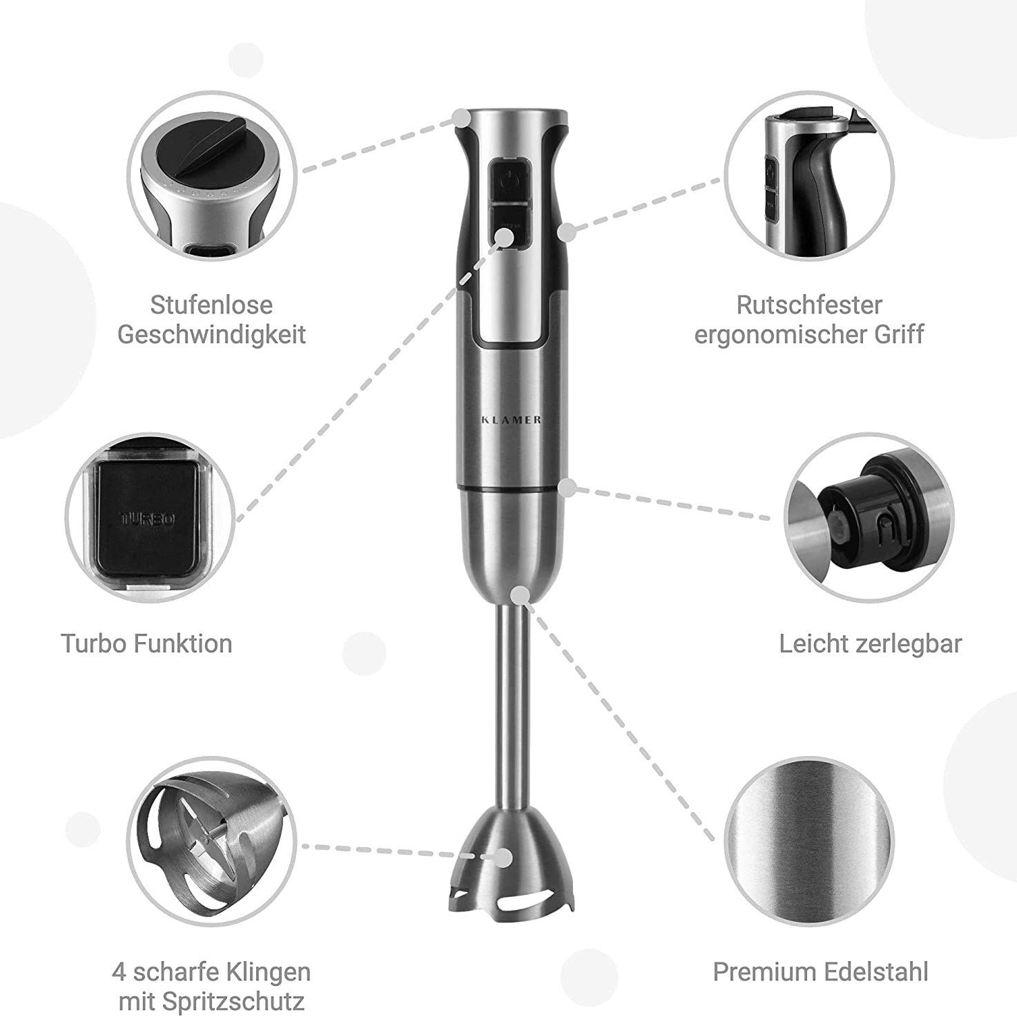Stabmixer Set 800 Watt, 4 in 1 Pürierstab Edelstahl mit stufenloser Geschwindig…