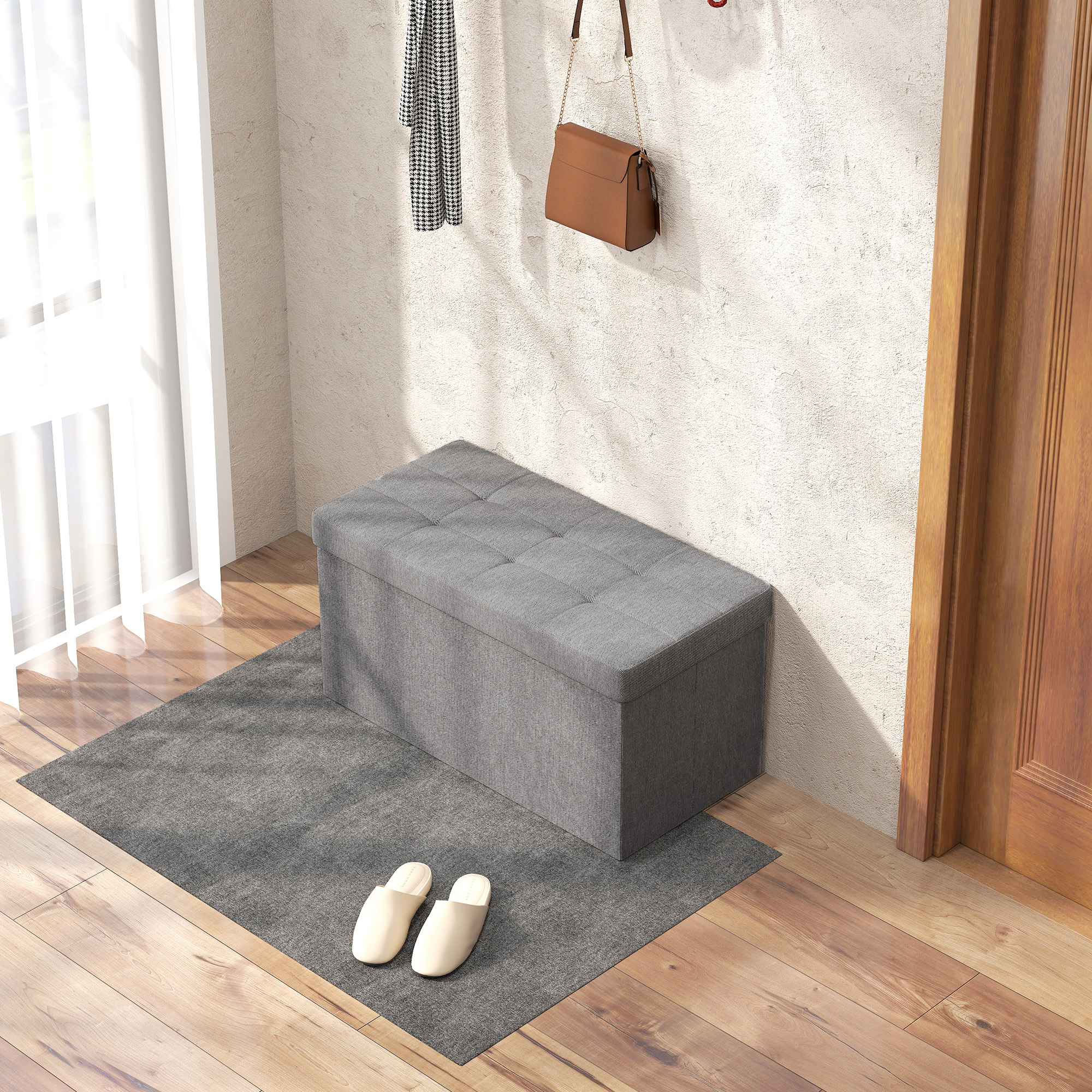 HOMCOM Aufbewahrungshocker, faltbar, am Bettende, Fußhocker mit Deckel 76L x 38B x 38H cm hellgrau