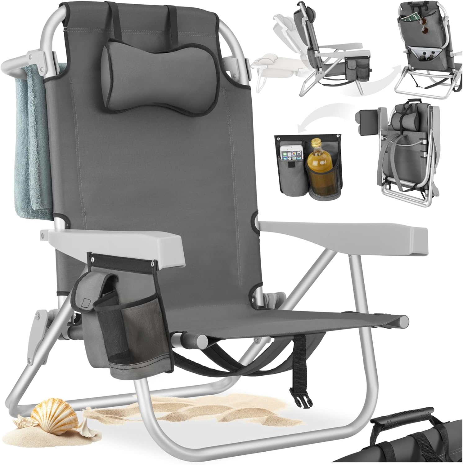 tectake? Sedia da Spiaggia, Spiaggina Pieghevole Funzione Zaino, Sedie da Giardino, Telaio in Alluminio, Sdraio Da Spiaggia, Schienale Regolabile, Sdraio pieghevole, Borsa Termica, Sedia Mare - Grigio