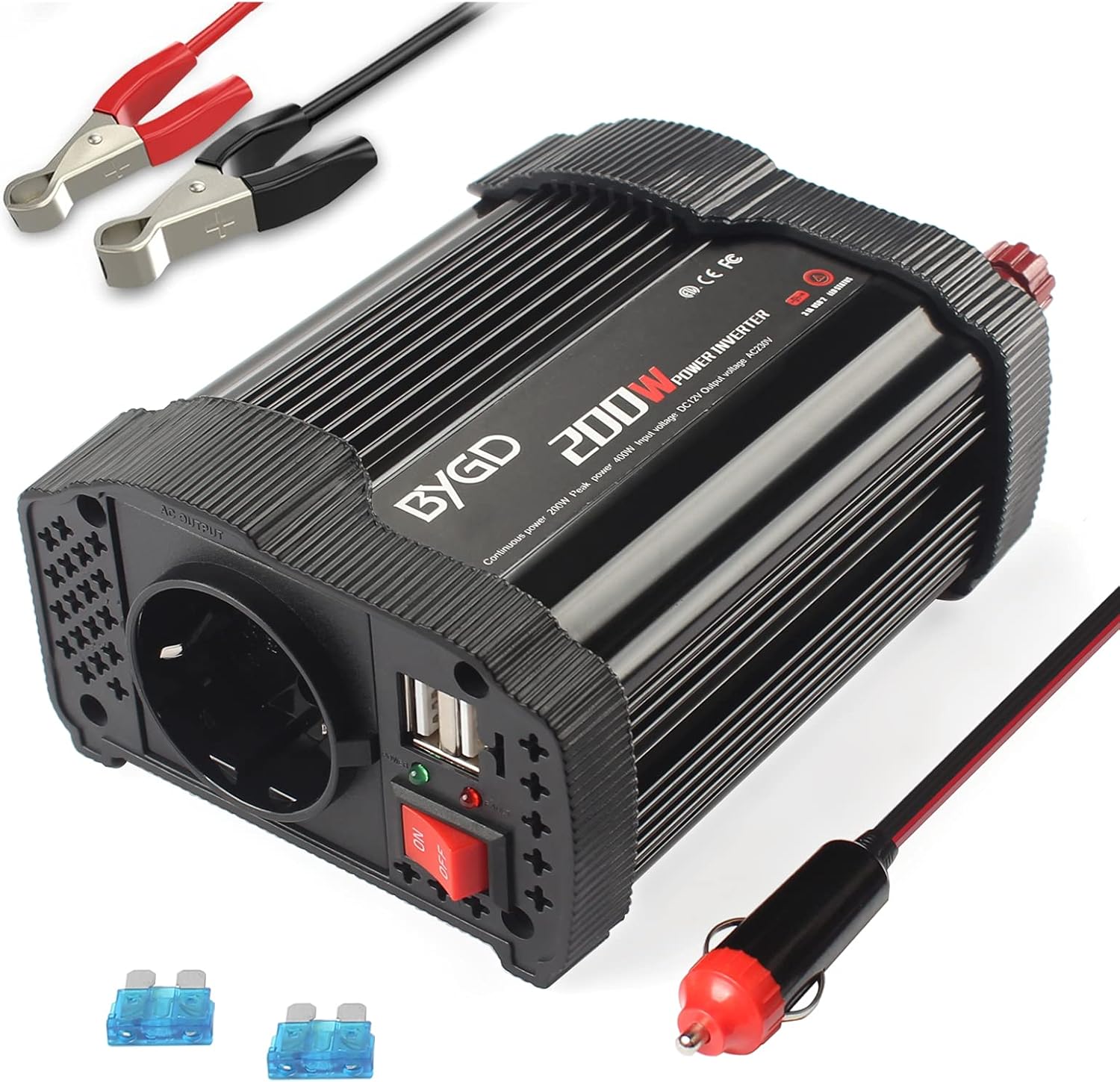 12V Invertitore Corrente per Veicoli, 200w Convertitore Potenza DC a AC 220-230V, con Accendisigari e Clip Batteria