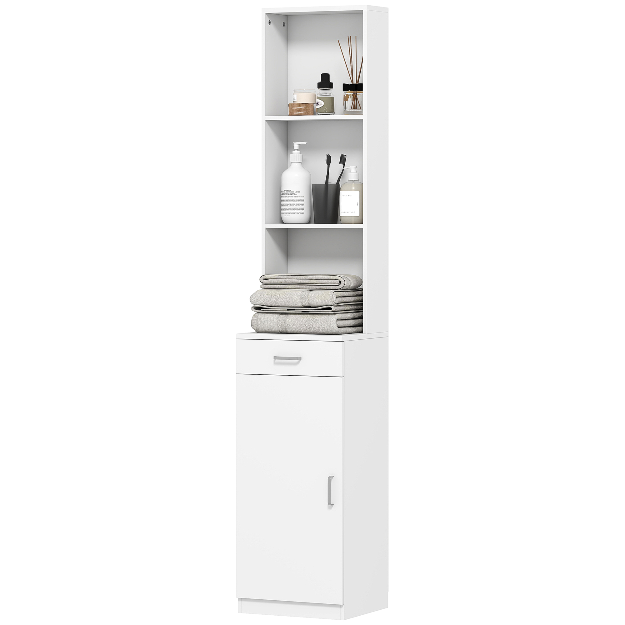 HOMCOM Hoher Badezimmerschrank, schmales Design, Schublade, Regale, Schrank, Spanplatte, Weiß