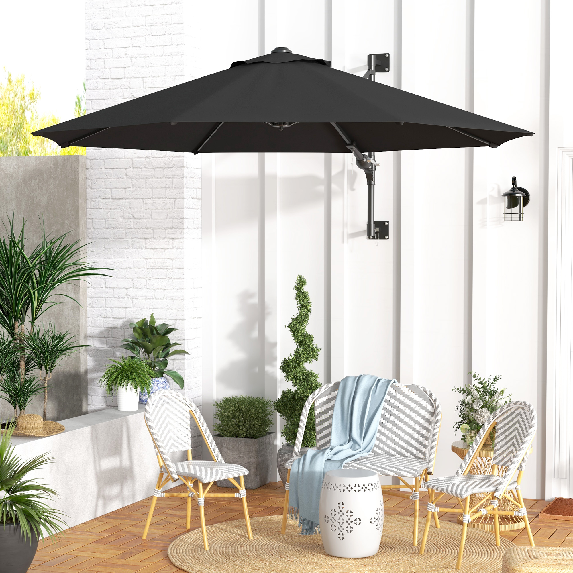 Outsunny Wand-Garten-Sonnenschirm, 180° drehbar mit Kurbel und 8 Streben, Dunkelgrau