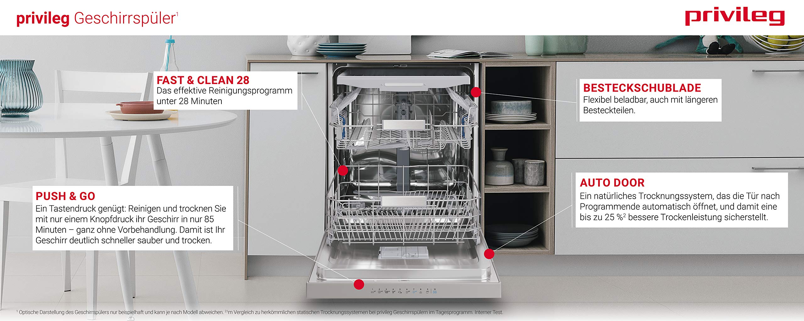 Unterbau-Geschirrspüler 60 cm 14 Maßgedecke Energieeffizienzklasse D Fast&Clean 28 Min Auto Door Push&Go Besteckschublade Multizone