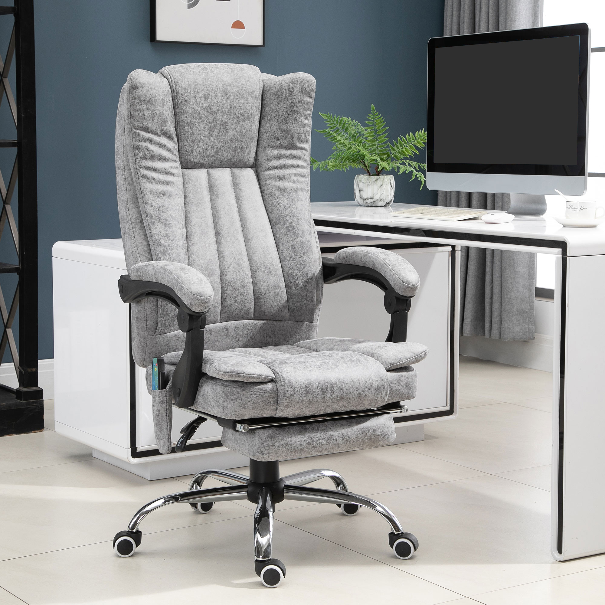 Vinsetto Bürostuhl mit Massagefunktion, Ergonomischer Schreibtischstuhl mit Heizfunktion, Liegefunktion, Höhenverstellbarer Drehstuhl mit Fußstütze, Seitentasche, Grau