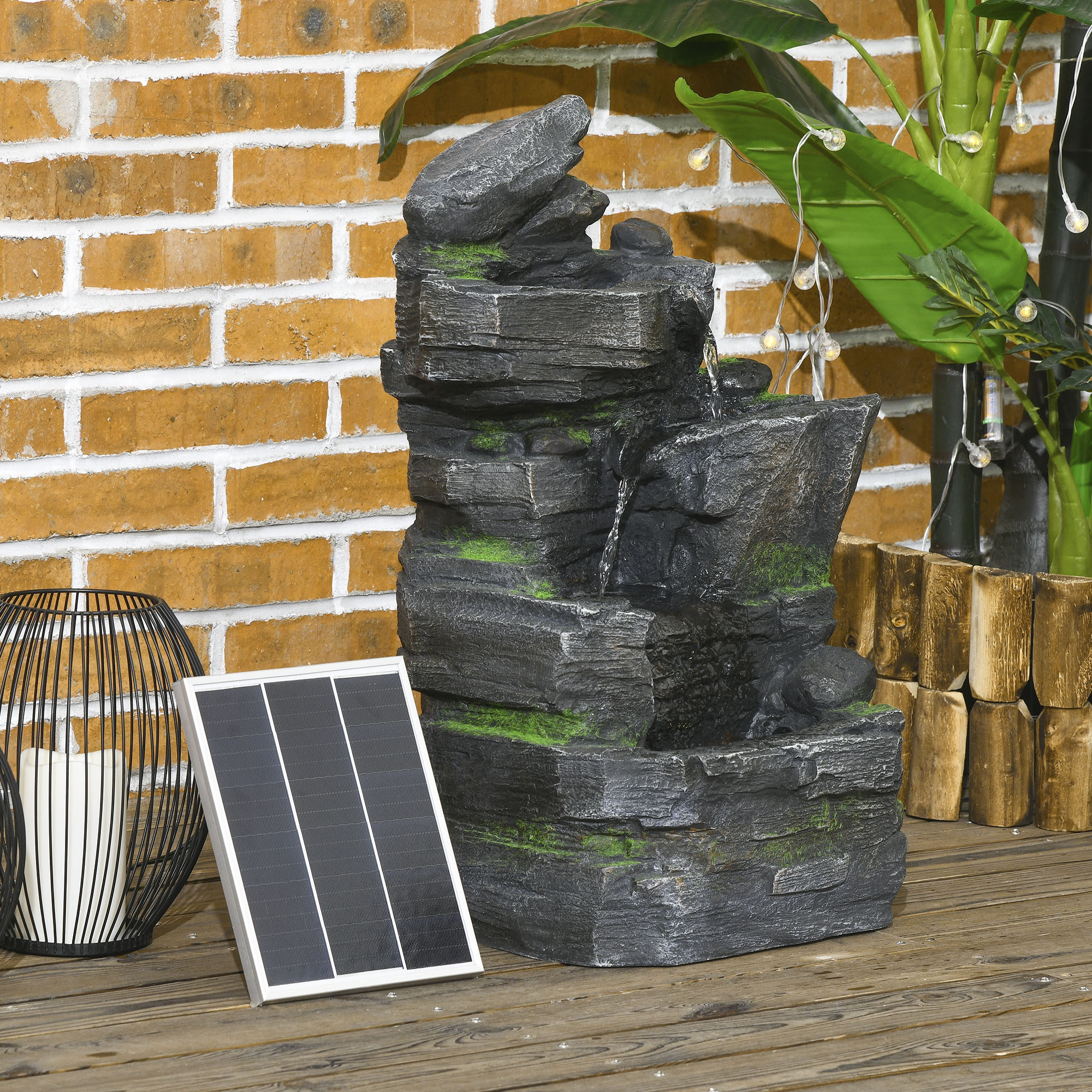 Outsunny Gartenbrunnen, Steinoptik, 4-stufig, Solarbetrieb, LEDs, 57cm Höhe, Kunstharz, Grau/Braun