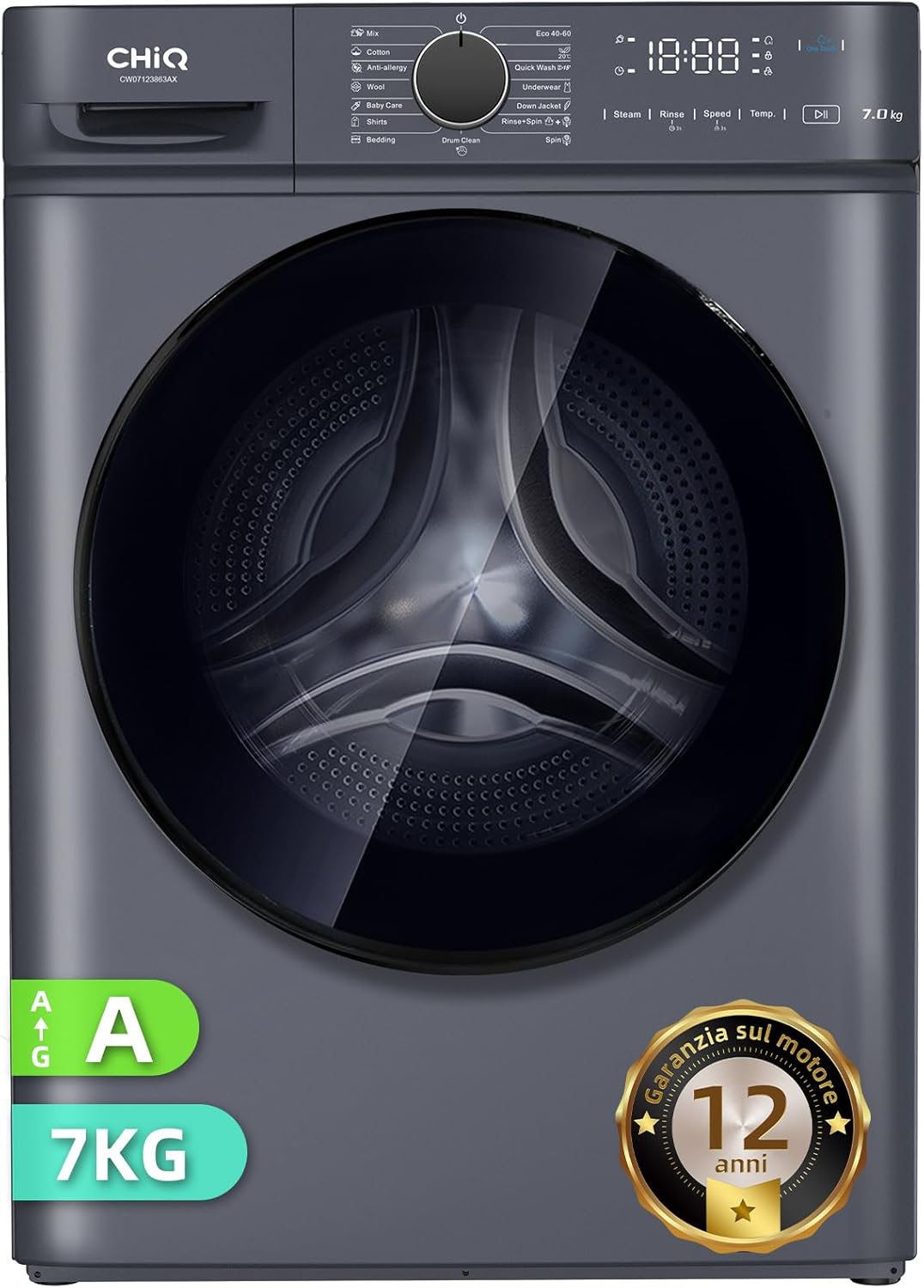 CHiQ CW07123863AX Lavatrice incasso - 7kg, Classe A, Motore BLDC 1200 RPM, Vapore e Lavaggio rapido, 15 Programmi, Design compatto (60x46,5x84cm) - Grigio moderno