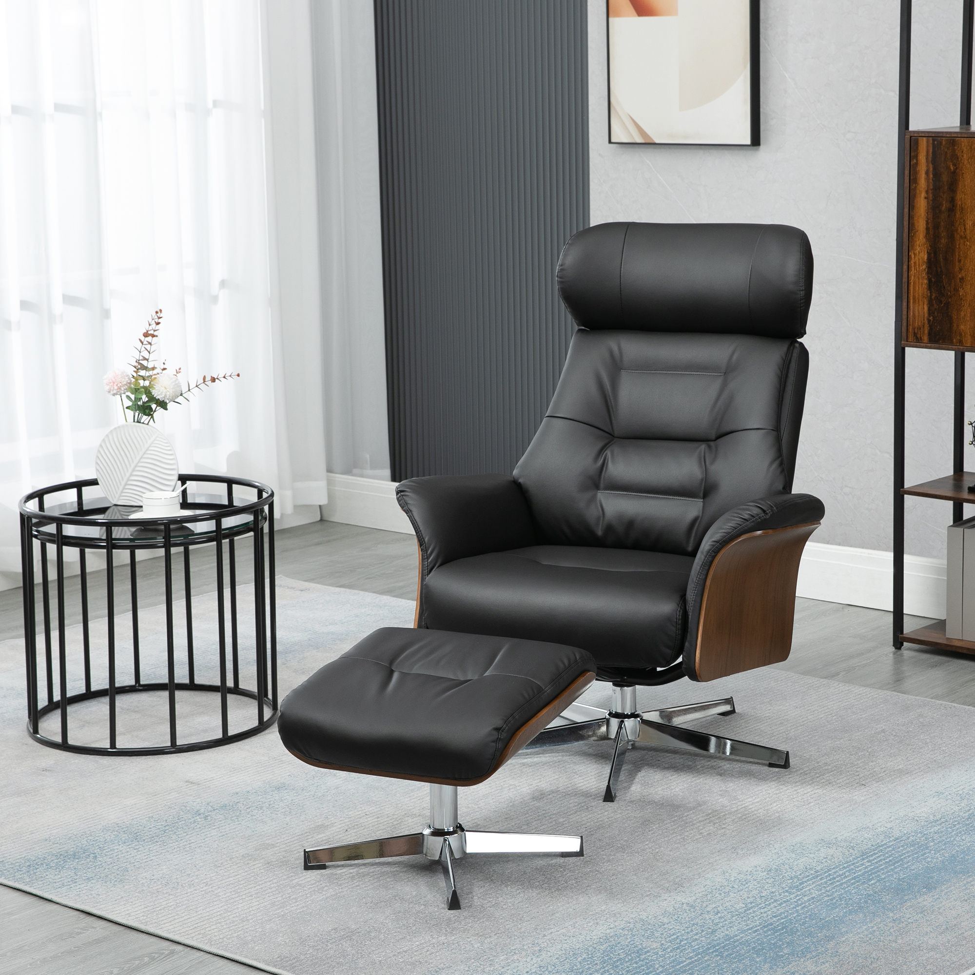 Fauteuil met voetenbank, 360° draaibaar, ligfunctie, leesstoel, zwart, 80 x 84 x 108 cm