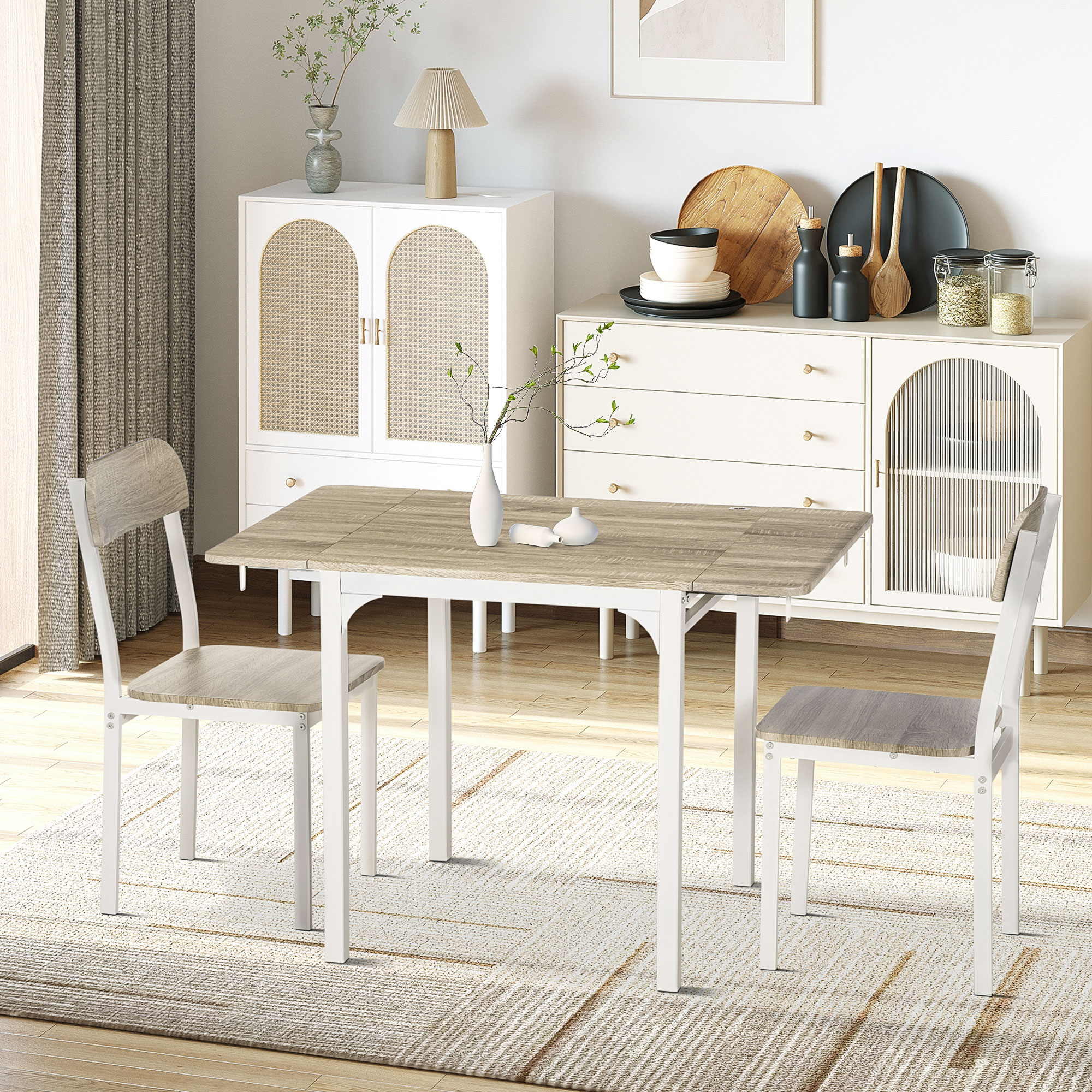 HOMCOM 2-teilige Sitzgruppe, Klappbarer Esstisch mit 2 Stühlen, Klapptisch, 110 cm x 70 cm x 75 cm, Weiß + Natur