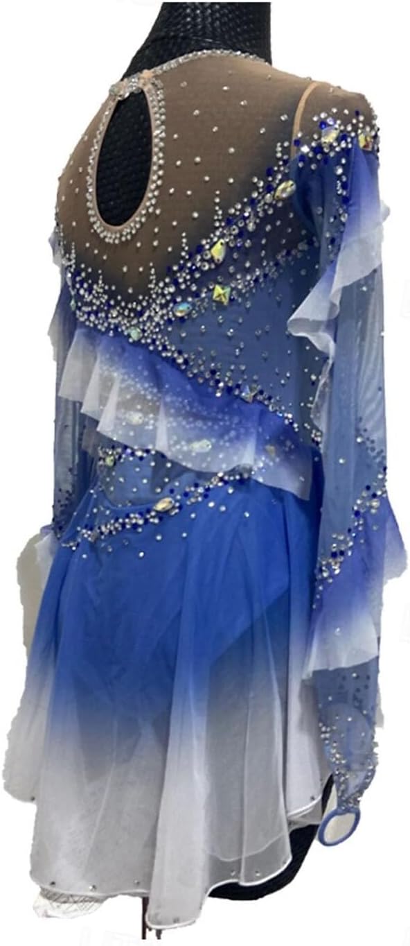purpleq Professionelles Eiskunstlauf Wettkampf Kleid Gradient Langärmliges Eislauf Performance Kostüm für Mädchen Gymnastik Trikots Activewear Kristall/Strass Rollschuhkleid