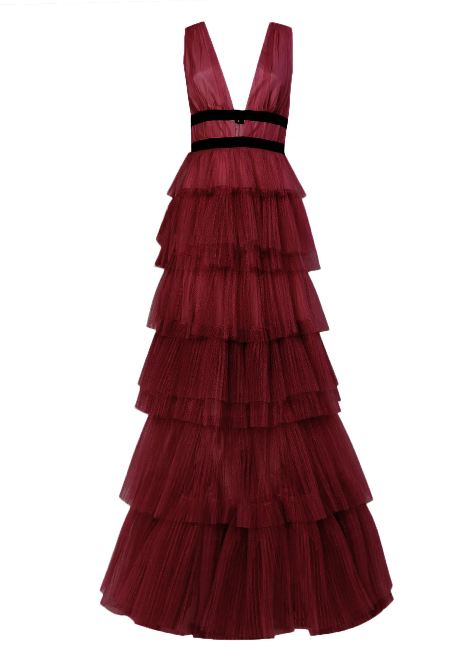 Eliza Burgundy Plunging Neck Layered Tulle Skirt Maxi-Dress