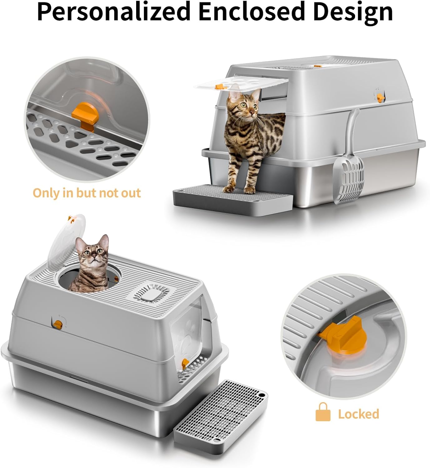 Lettiera per Gatti in Acciaio Inox, Lettiera Gatto Chiusa XXL, Lettiera Gatto Grande con Pala in Metallo, Doppio Strato Opaco Toilette per Gatti Grande - Grigio