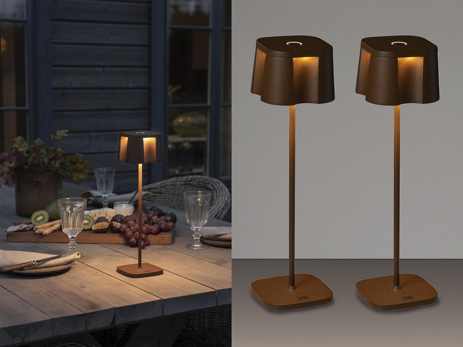 2er Set Outdoor Tischleuchten, Akku wiederaufladbar per USB, Rostoptik Höhe 36cm