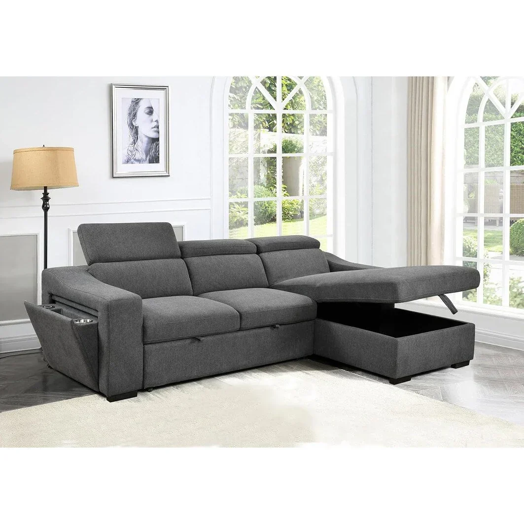 Roomfitters 103 Convertible Sectional Sofa with Storage Chaise, Adjustable Headrests, L-Shaped Sleeper Corner Sofa, Dark Gray