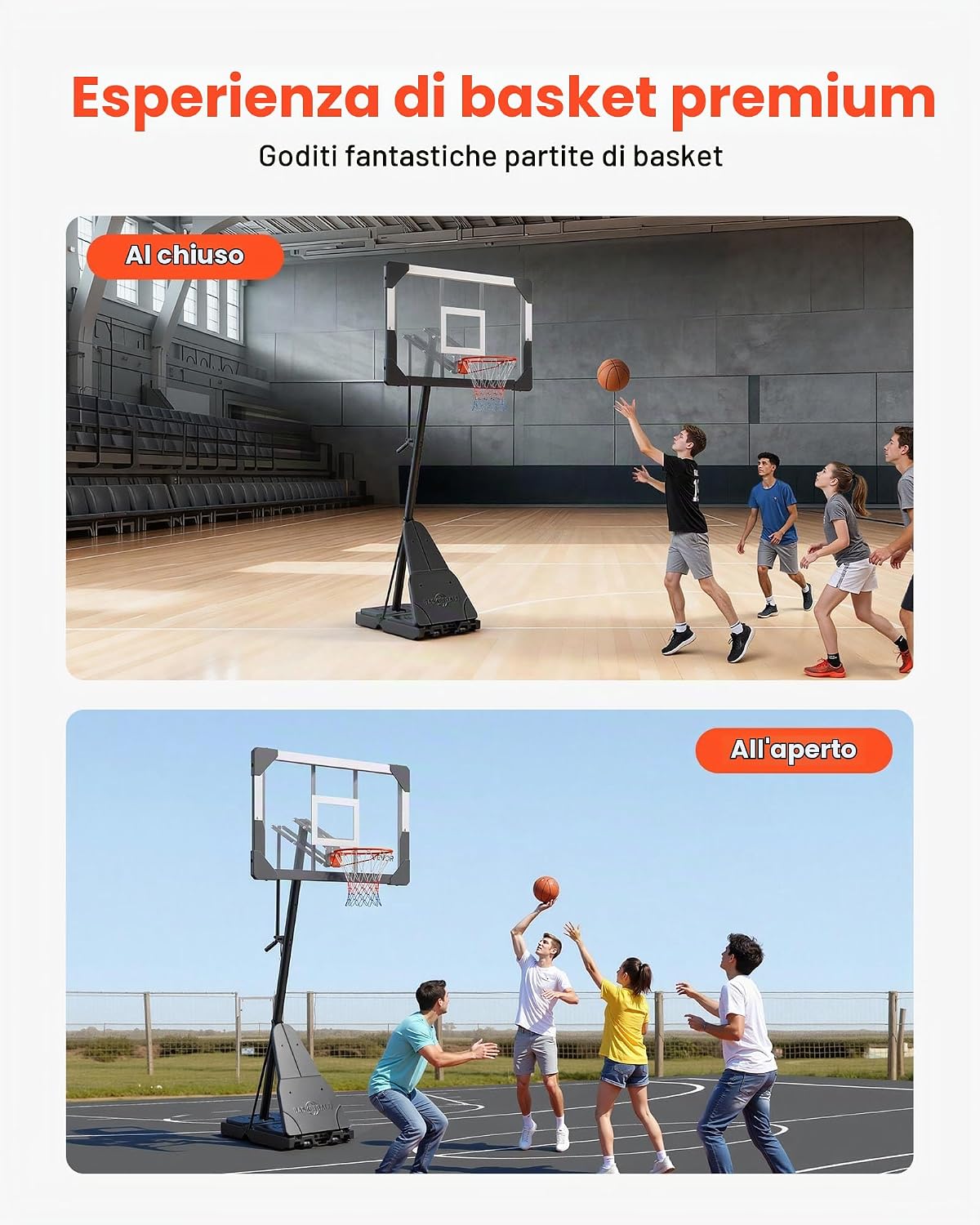 VEVOR Canestro da Basket Portatile Altezza Massima 3,05 m, Regolabile Manualmente, Sistema da Basket con Tabellone in PC da 1117,6 mm, Set di Tabelloni per Sistema per Cortili, Scuole
