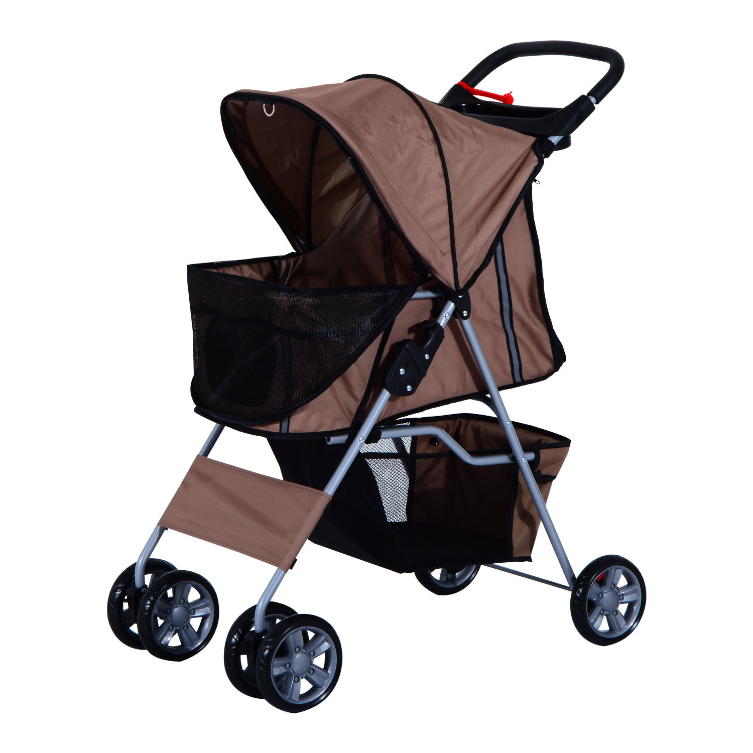 PawHut Hundebuggy Hundewagen bis 10 kg Klappbar Bodenkorb 2 Becherhalter Sonnendach Kaffeebraun