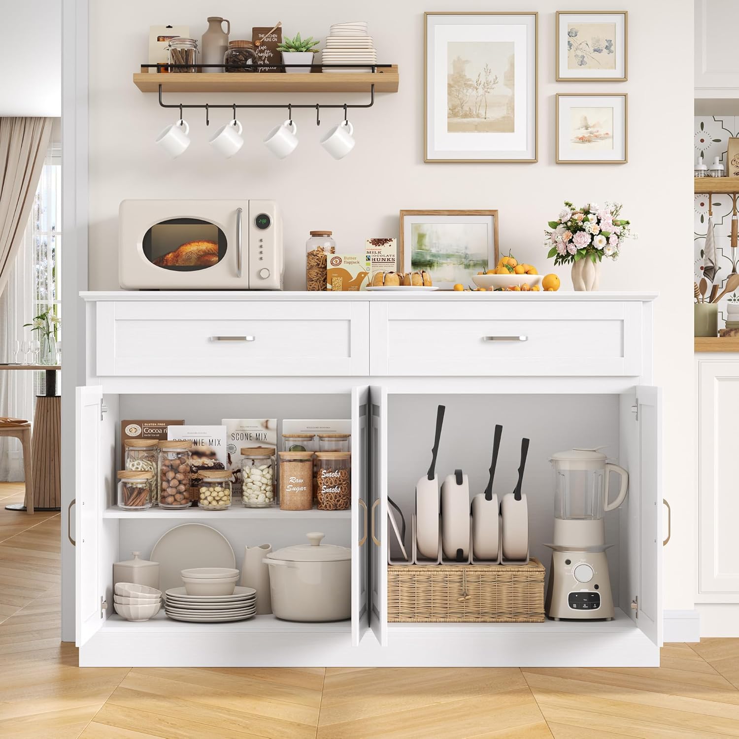 FirFurd 140CM Credenza Cucina,Mobile Cucina con 2 Cassetti e 4 Ante, Madia Soggiorno Moderna con Ripiani Regolabili e Rimovibile, per Cucina, Sala da Pranzo, Soggiorno, 140x39.5x92.2cm Bianco