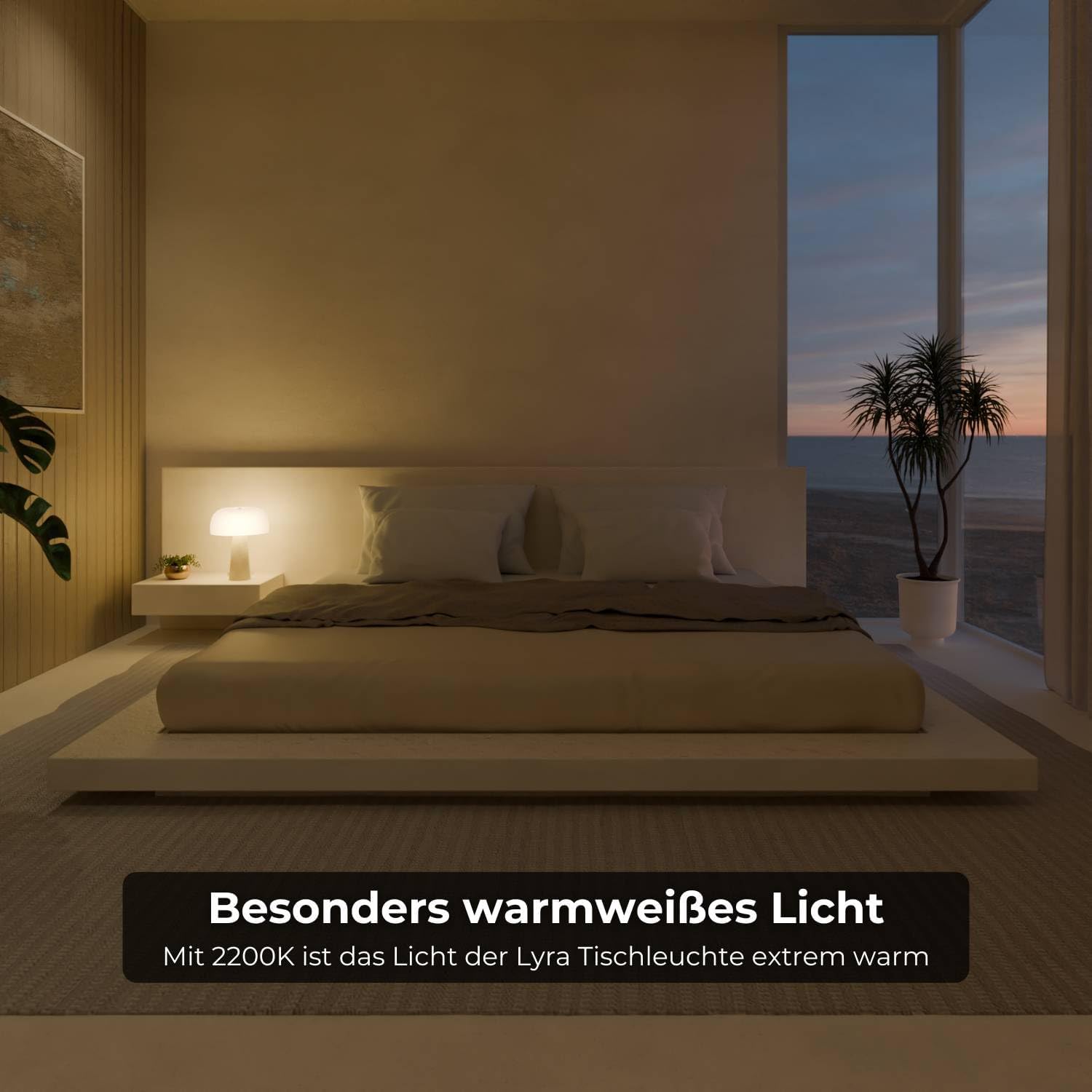 Lyra Design Tischleuchte mit Travertinfuß, LED Tischlampe aus Glas dimmbar 2200 K warmweiß