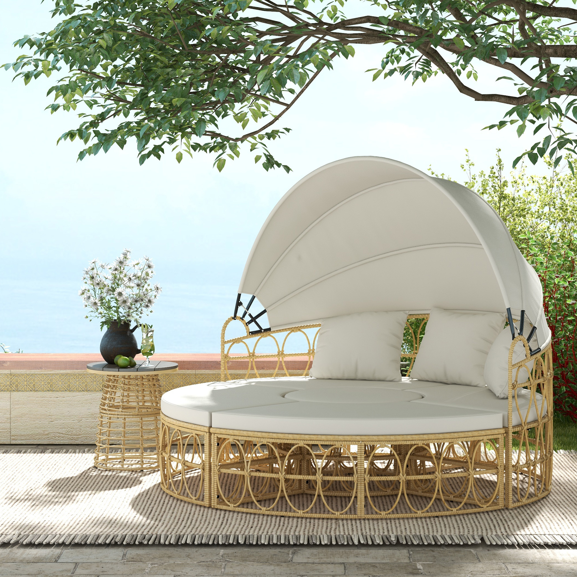 Outsunny Sonneninsel, 4-teilig, ausziehbares Dach, 5 Kissen, Rattanoptik, 178B x 85T x 66,5H cm, Beige
