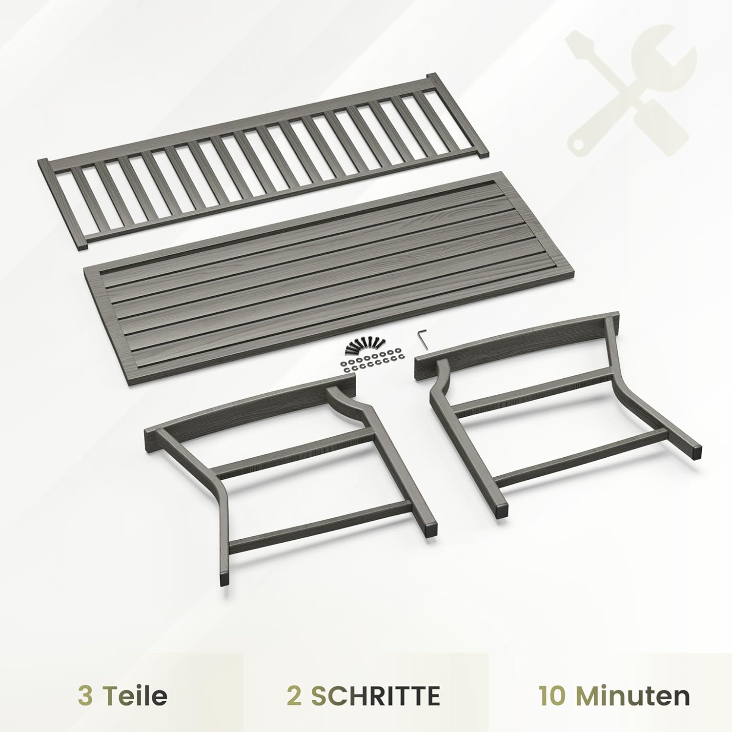 UDPATIO Gartenbank Metall in Holzoptik,Wetterfeste Sitzbank Outdoor, Bank 2–3 Sitzer für Balkon & Garten,Balkonmöbel mit Rücken & Armlehnen,Grau