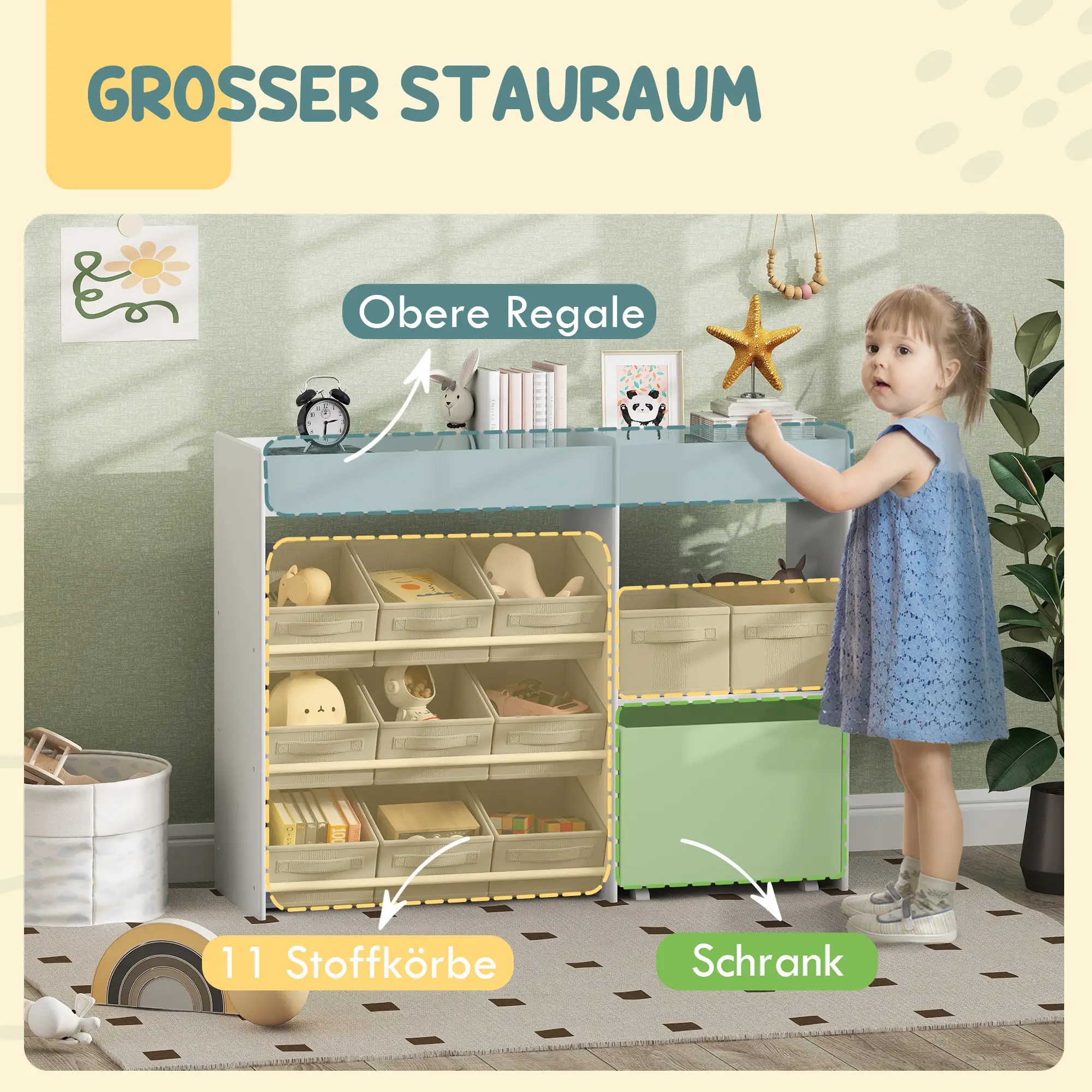 AIYAPLAY Kinderrek met 11 stoffen opbergboxen & kastvak, Wit
