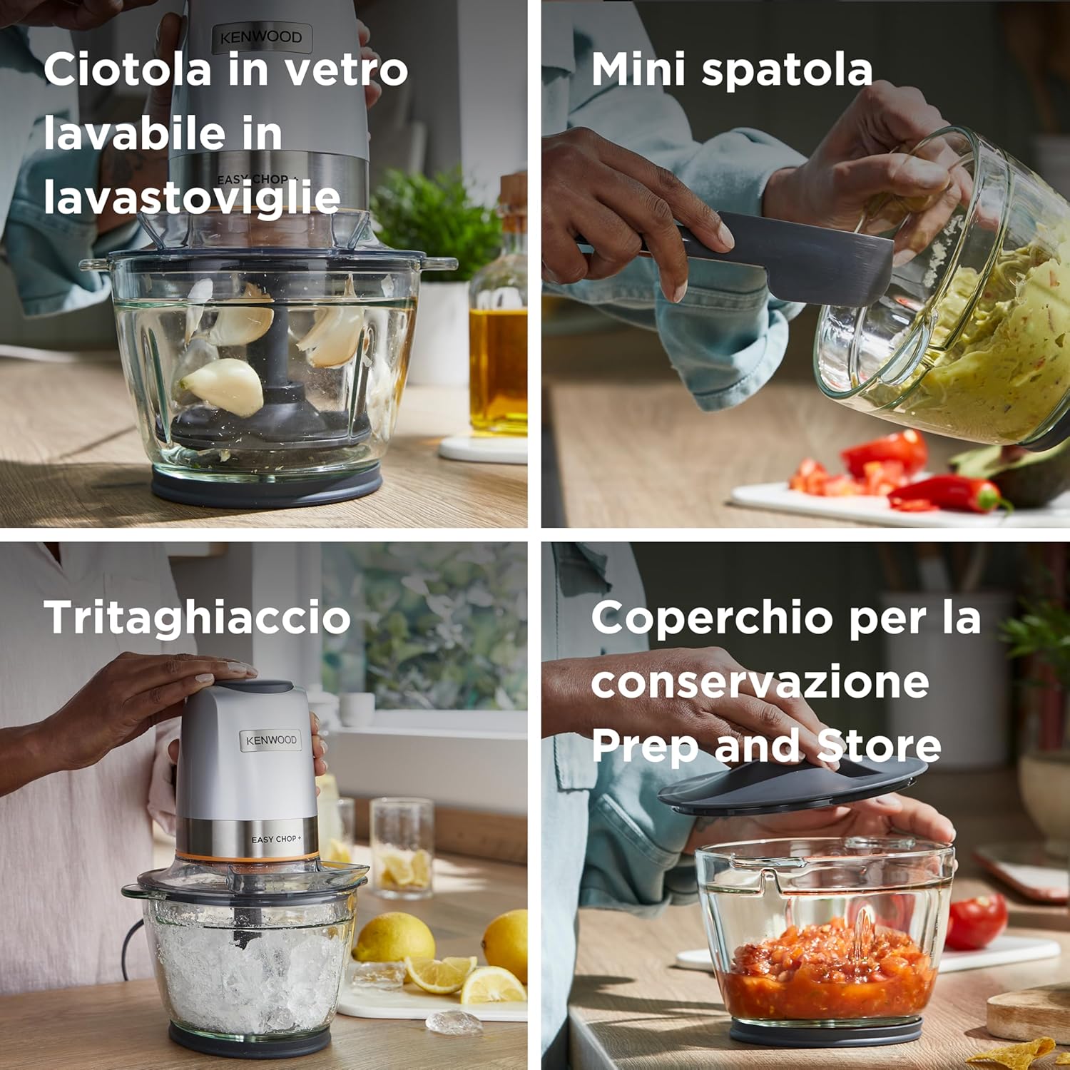 Kenwood Chopper CHP61.100WH, Potenza 500W, Ciotola da 0.5L, 2 velocità, Sistema a quattro lame, Anello antiscivolo per la stabilità del tritatutto, Lavabile in Lavastoviglie, Bianco/SIlver